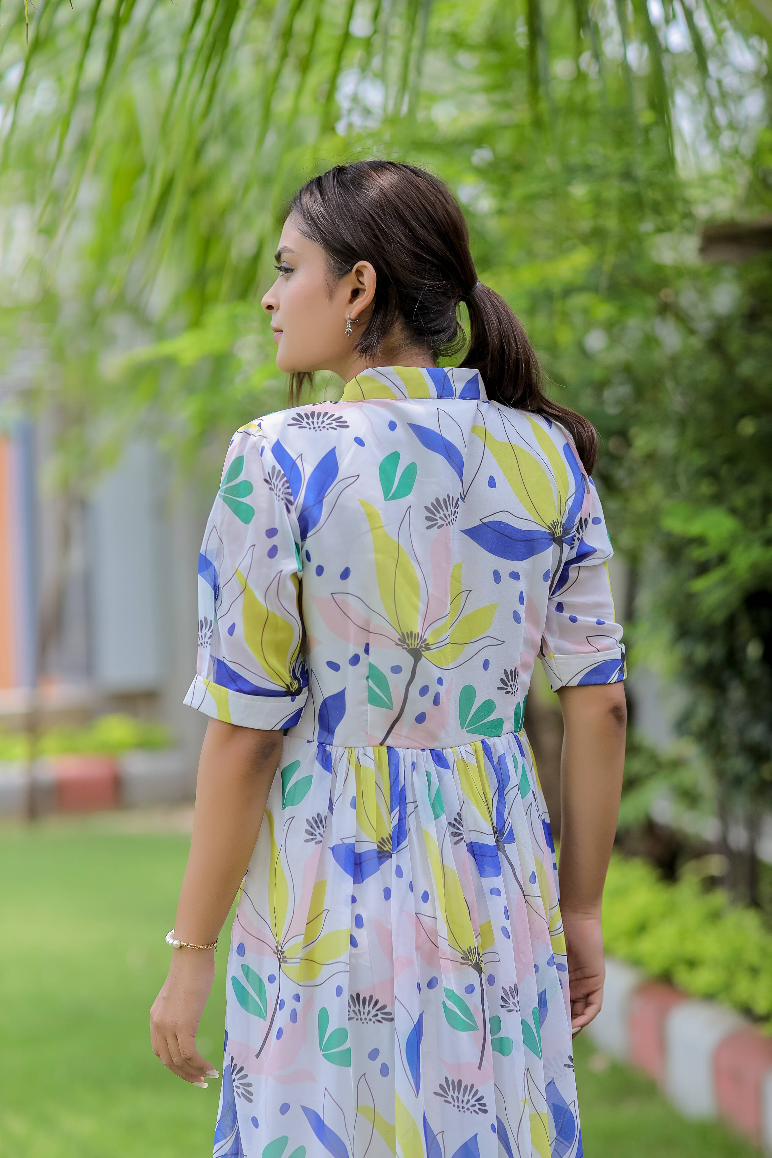 Printed Georgette White Maxi Dress