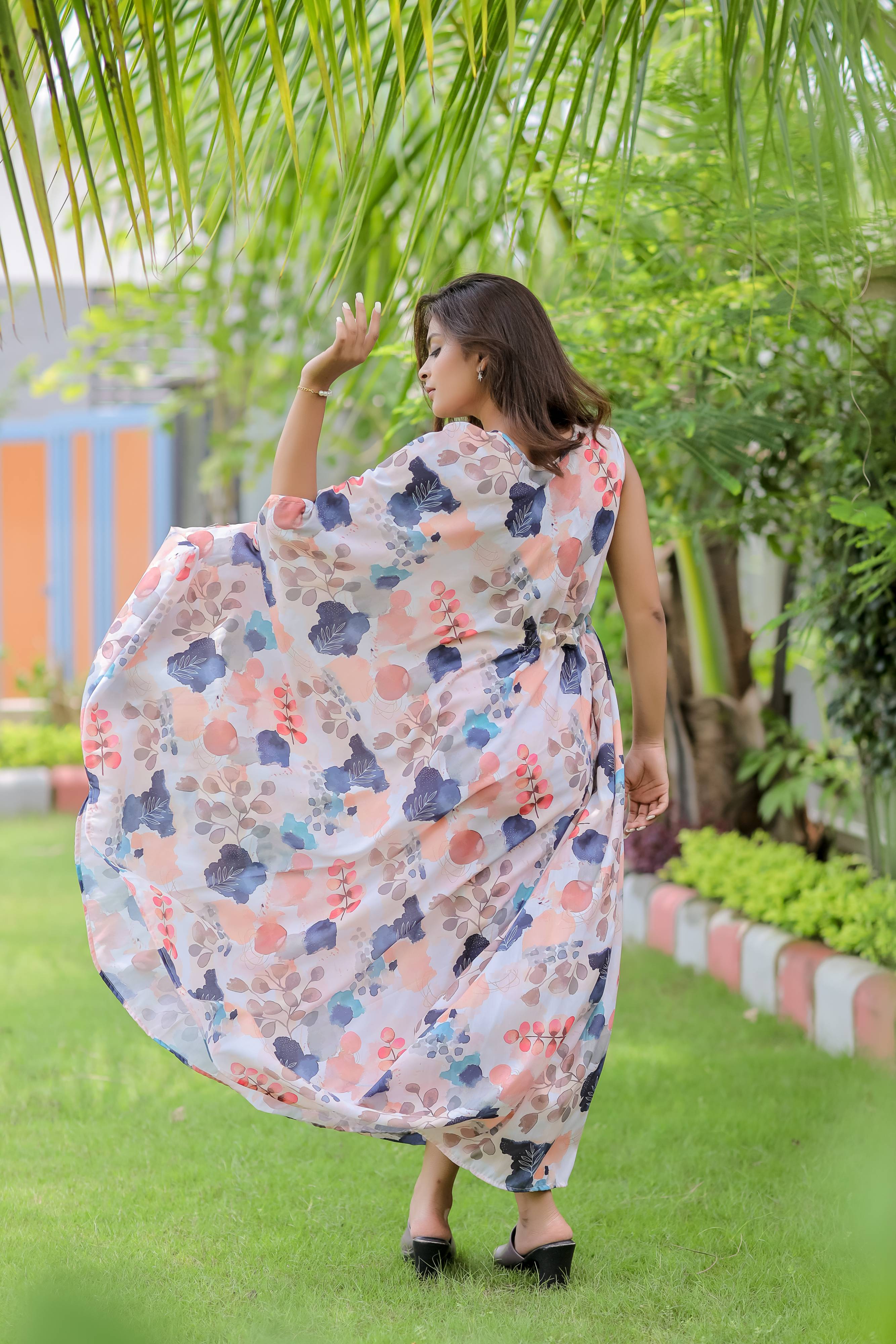 White Abstract Print Kaftan Dress