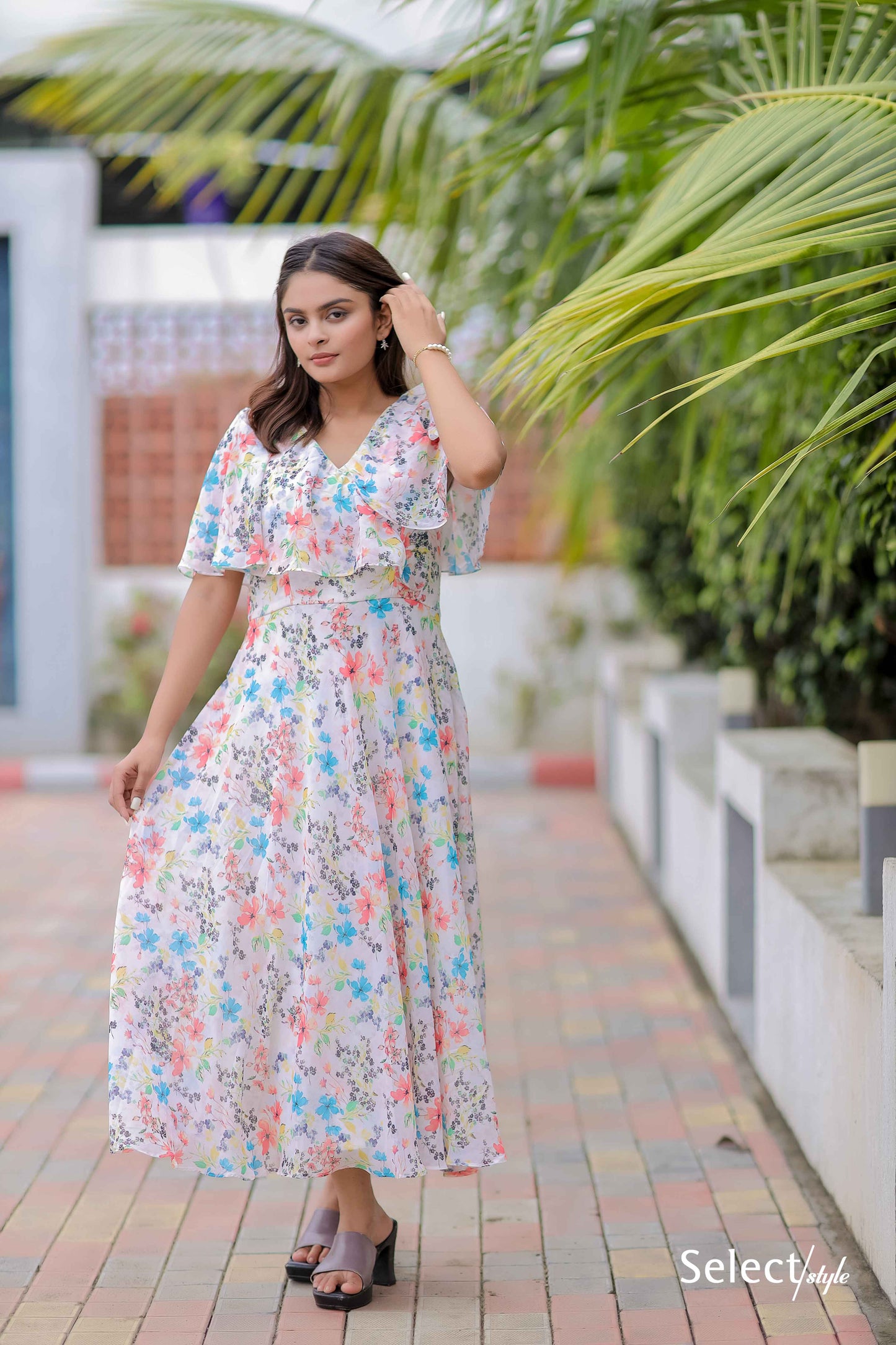 White Georgette Printed Maxi Dress