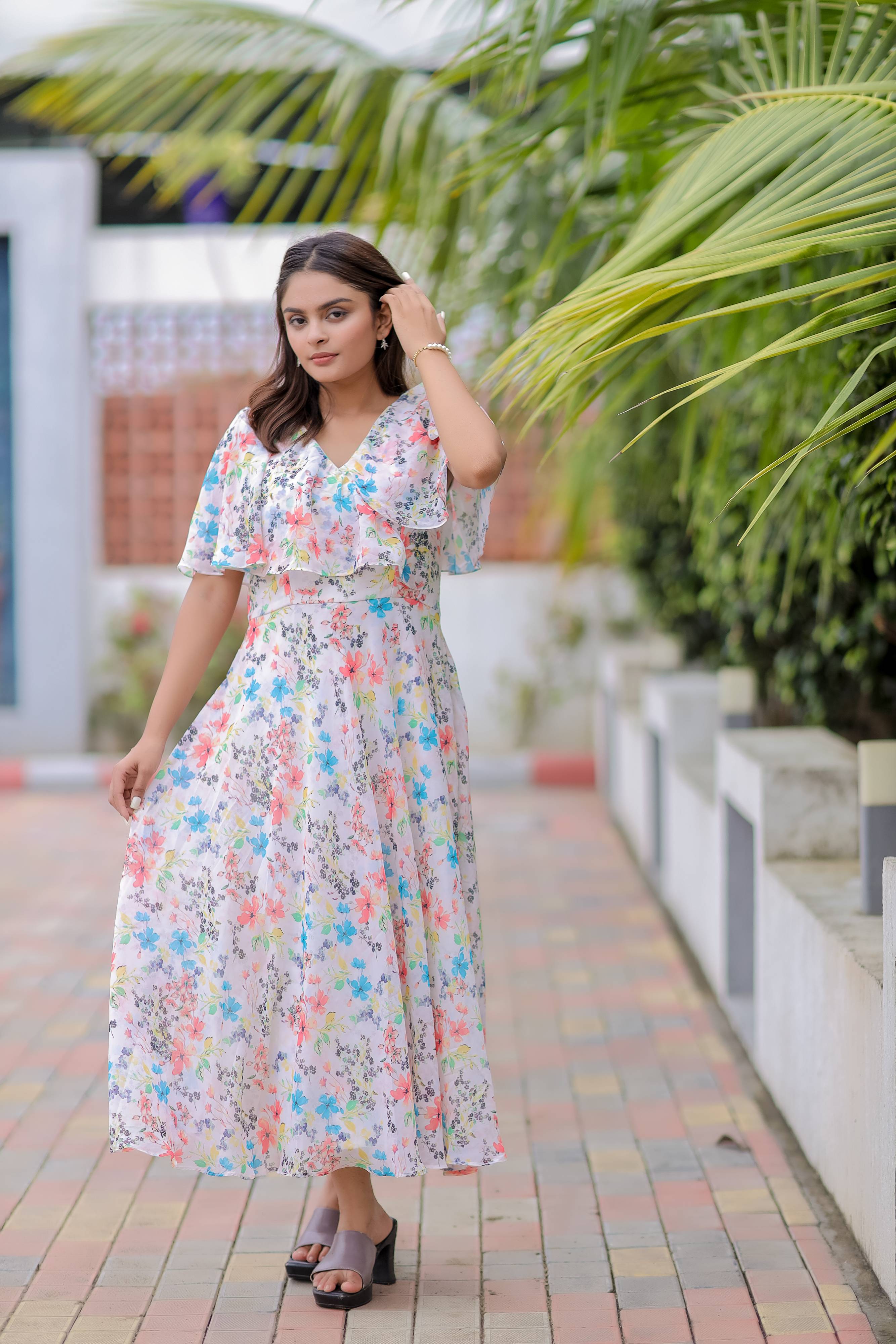 White Georgette Printed Maxi Dress
