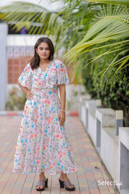 White Georgette Printed Maxi Dress