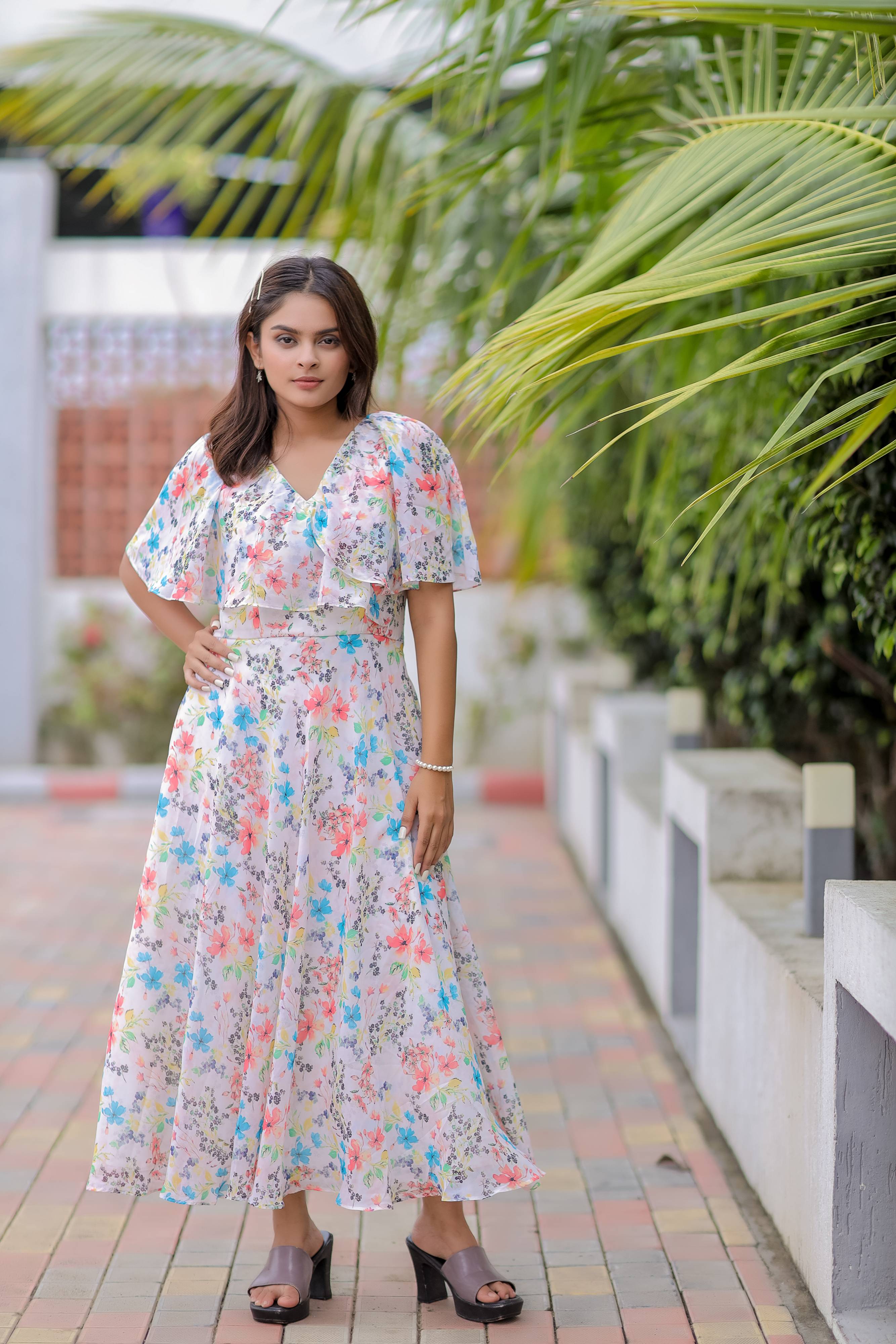 White Georgette Printed Maxi Dress