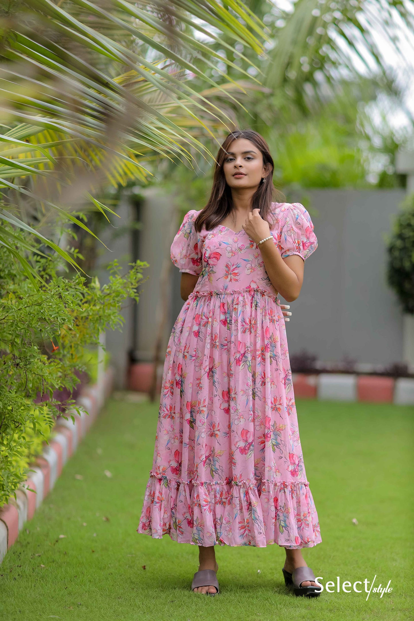 Pink Printed Georgette Maxi Dress