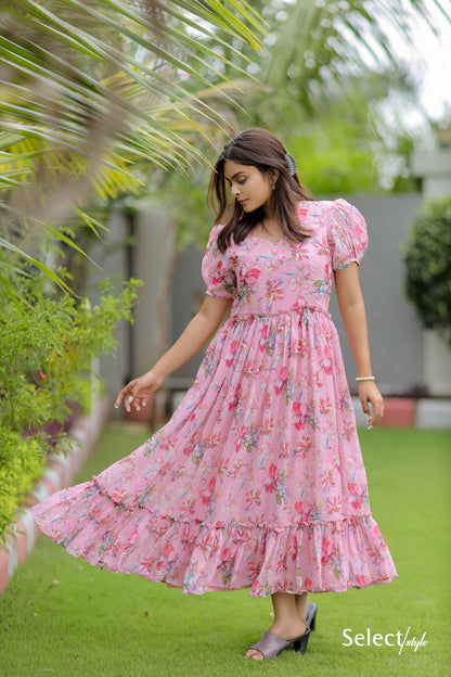 Pink Printed Georgette Maxi Dress