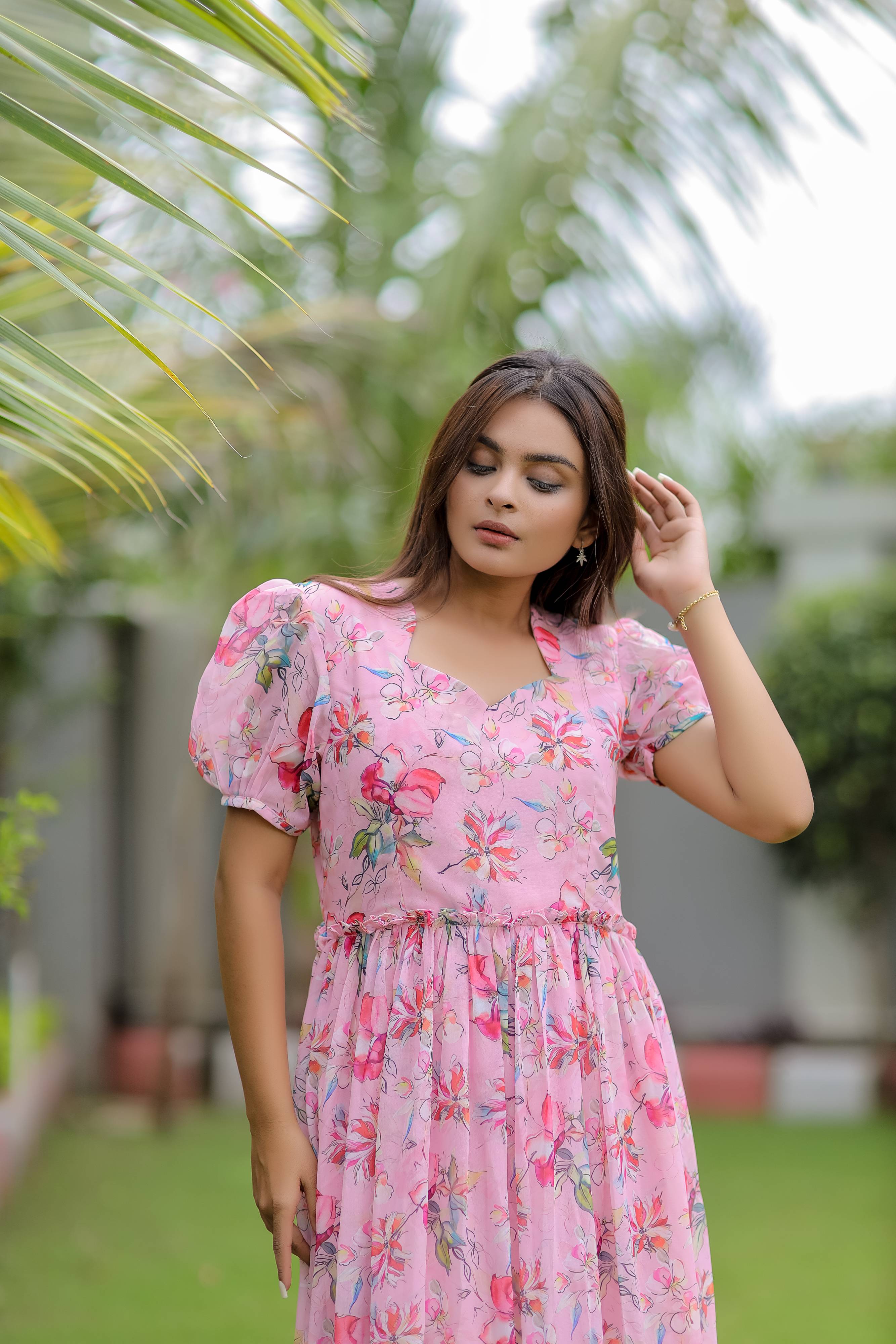 Pink Printed Georgette Maxi Dress