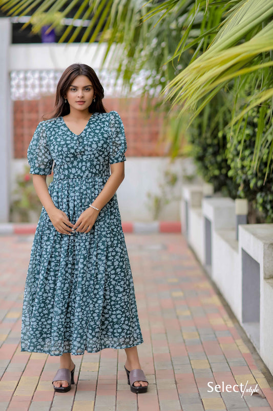 Green Printed Georgette Maxi Dress