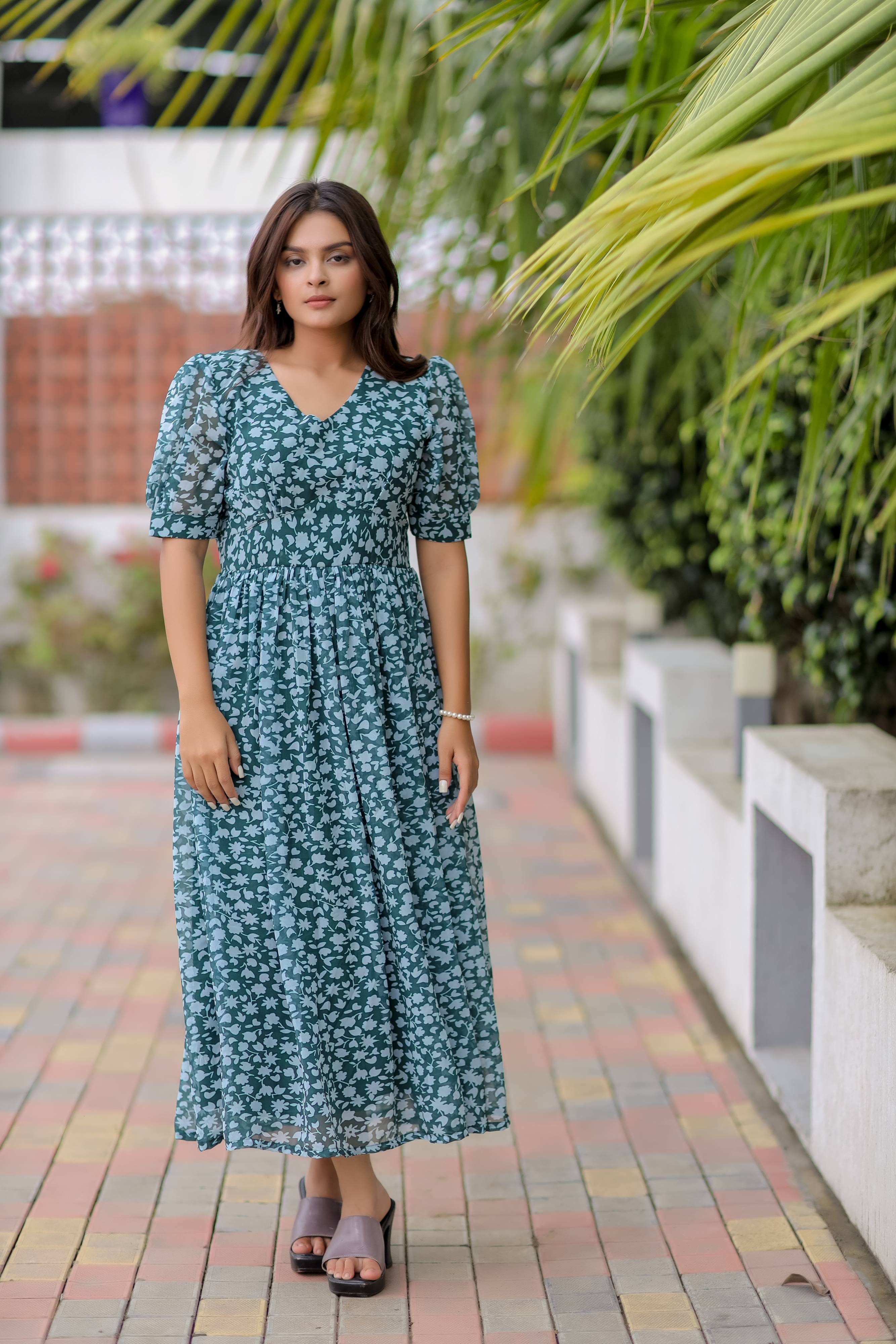 Green Printed Georgette Maxi Dress