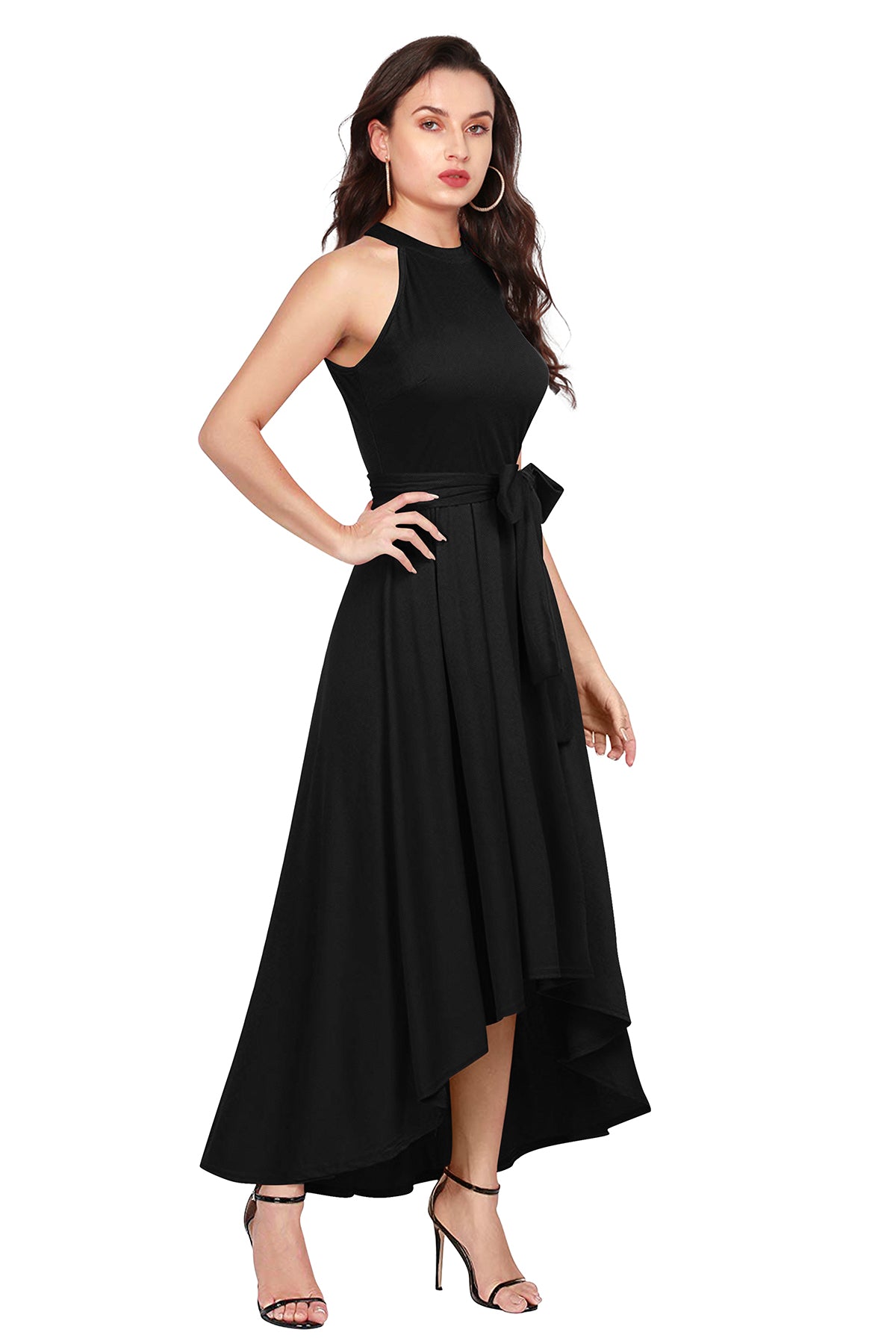 🖤 Women's Black Halter Neck High-Low Maxi Dress