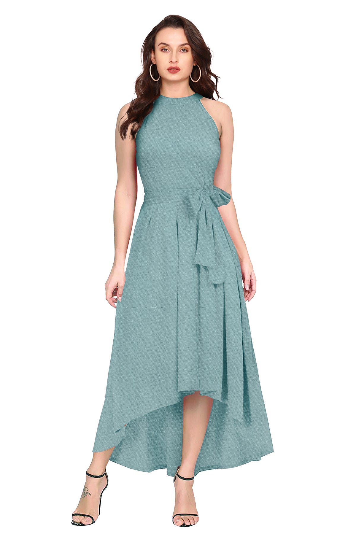 Women's Pista Green Halter Neck High-Low Maxi Dress
