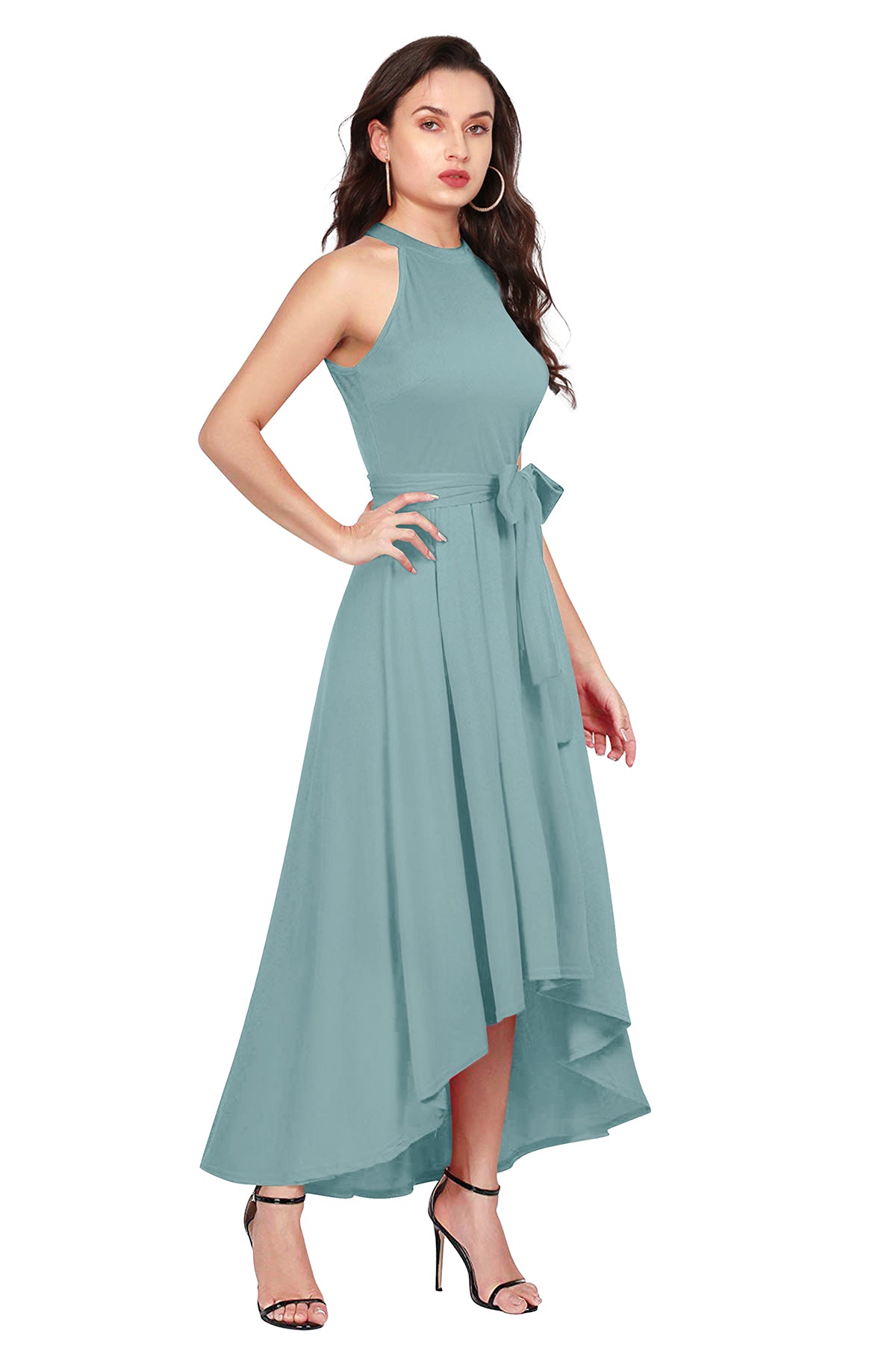 Women's Pista Green Halter Neck High-Low Maxi Dress