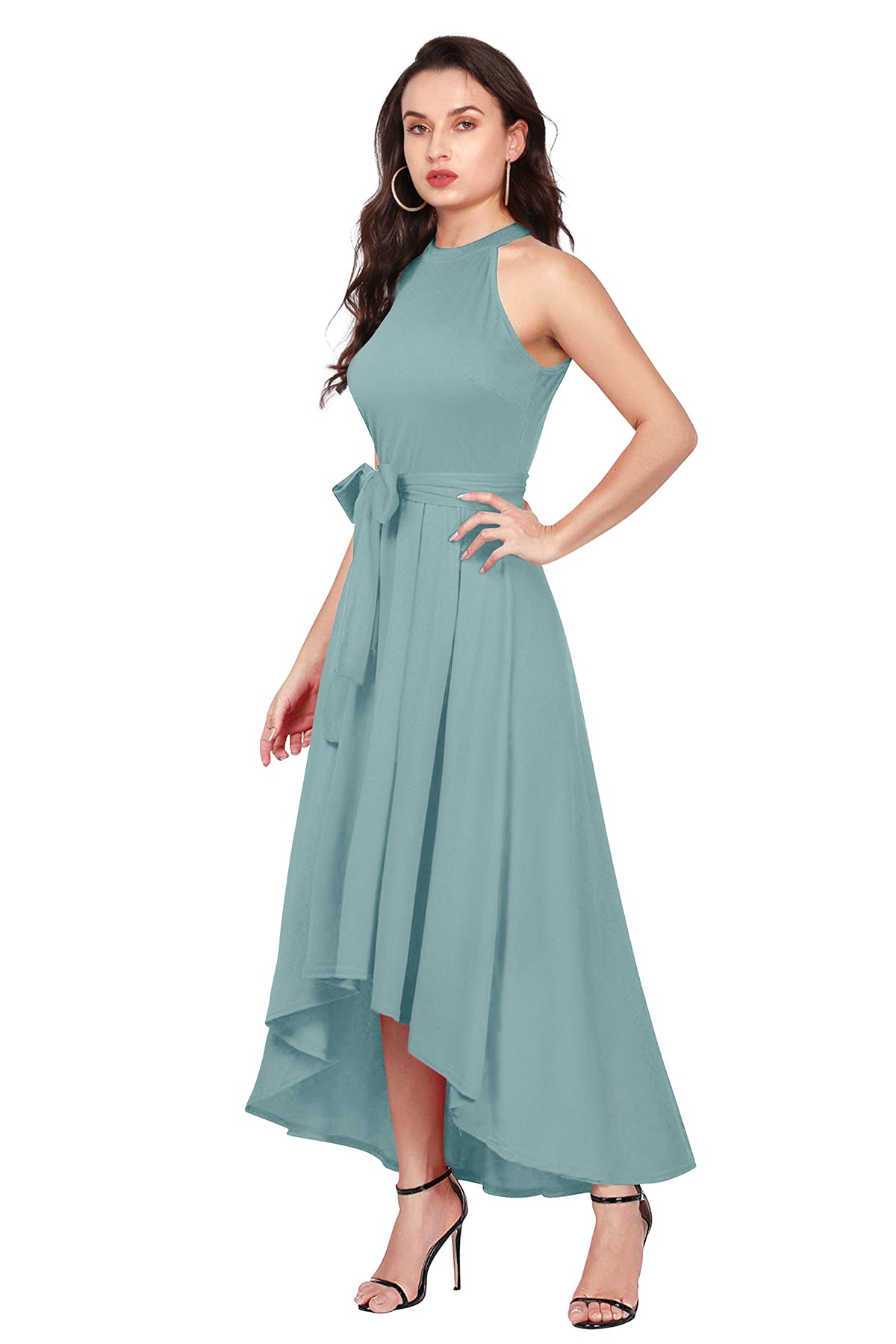Women's Pista Green Halter Neck High-Low Maxi Dress