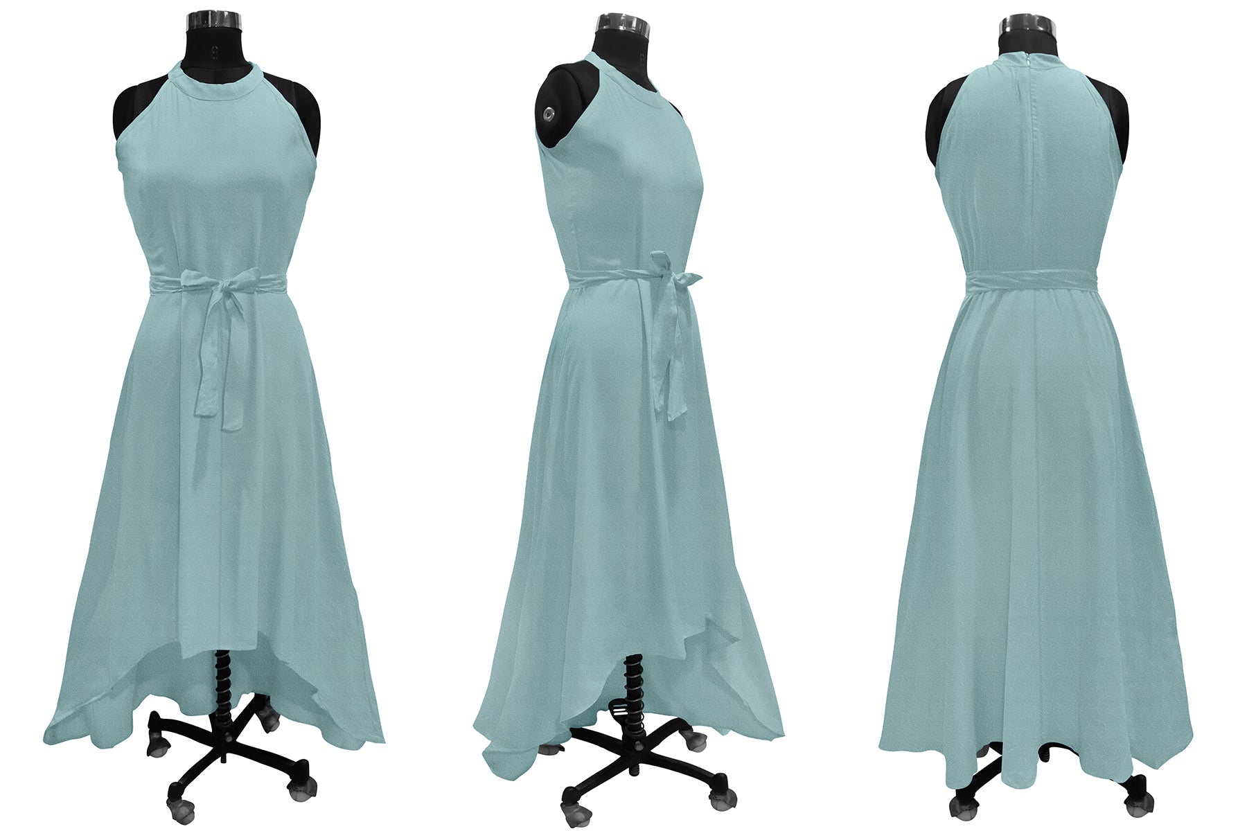 Women's Pista Green Halter Neck High-Low Maxi Dress