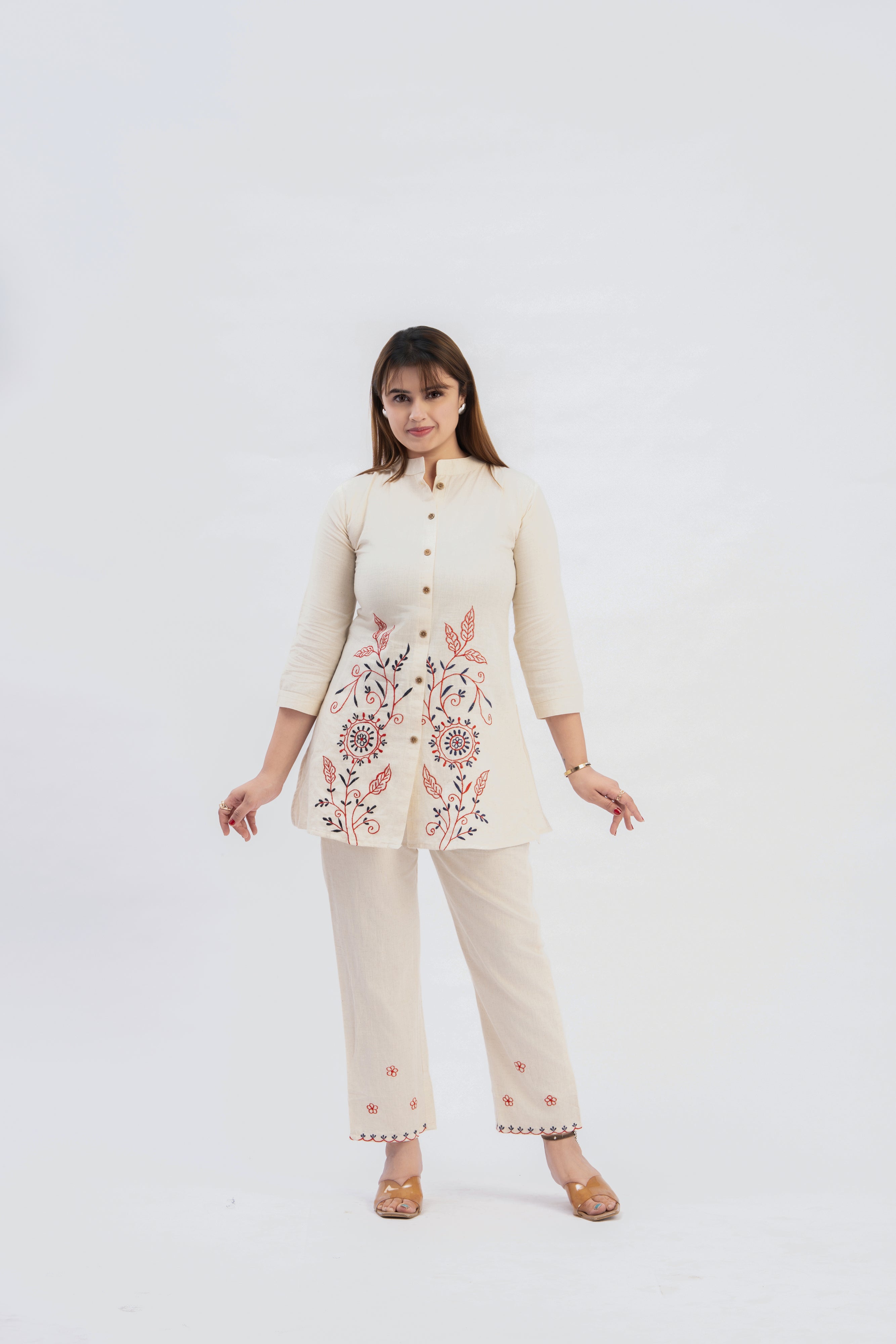 Off-White Embroidered Kurti Pant Set
