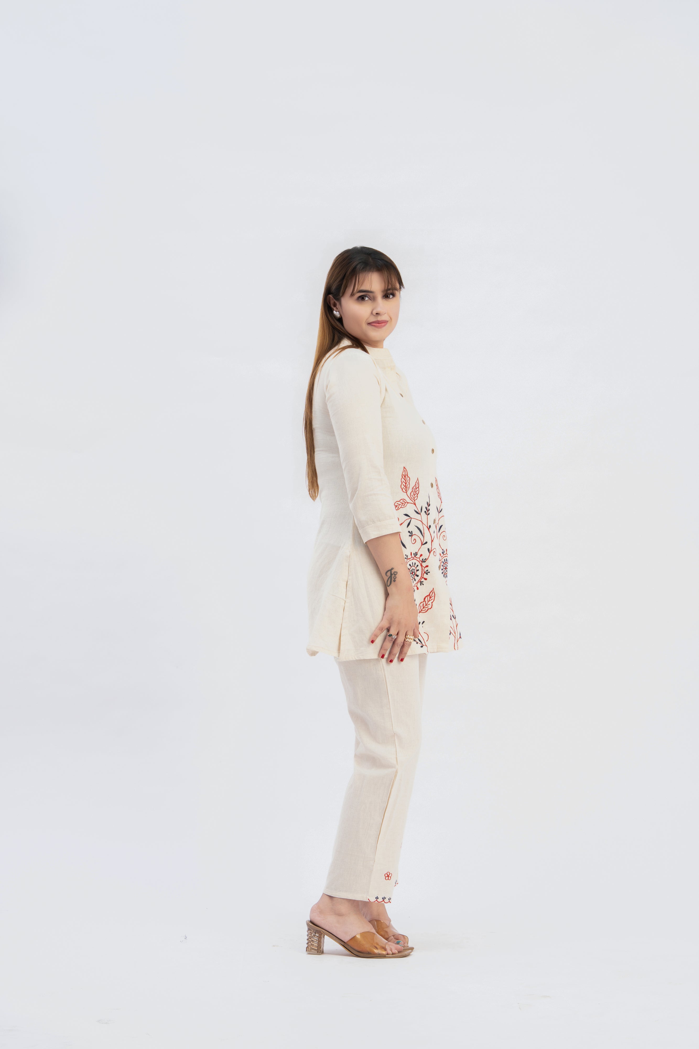 Off-White Embroidered Kurti Pant Set