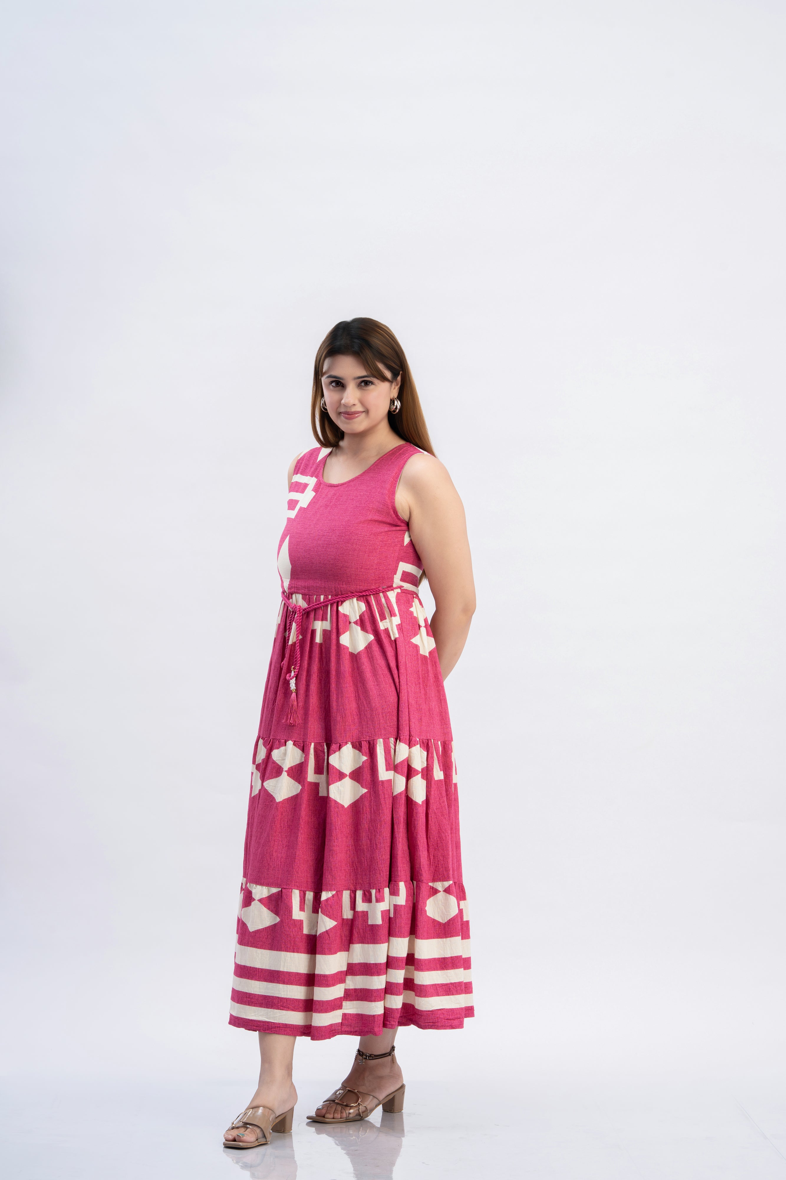 Women’s Pink Sleeveless Printed Flared Maxi Dress with Waist Tie-Up