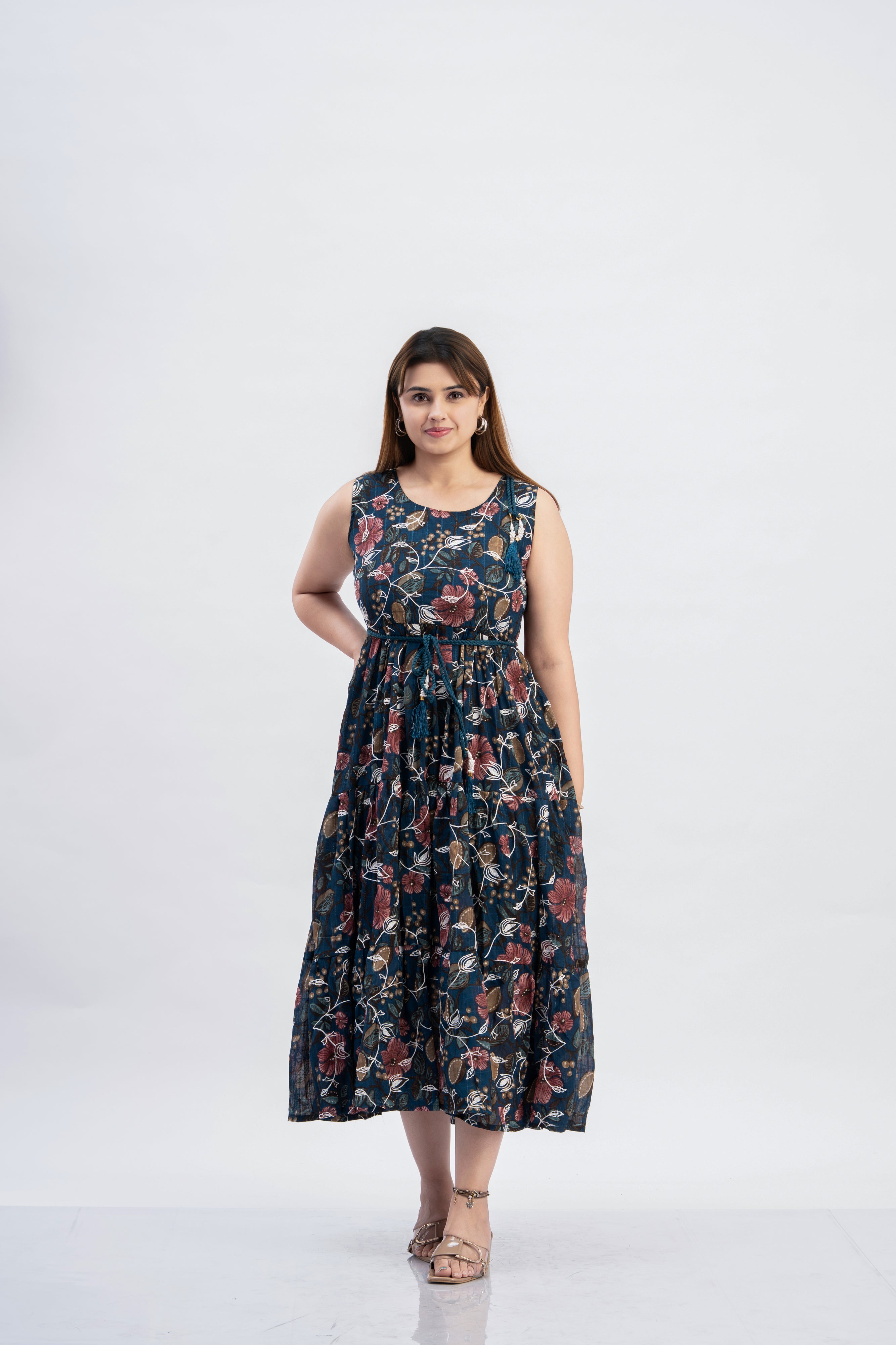 Women’s Printed Flared Dress with Attached Inner Sleeves