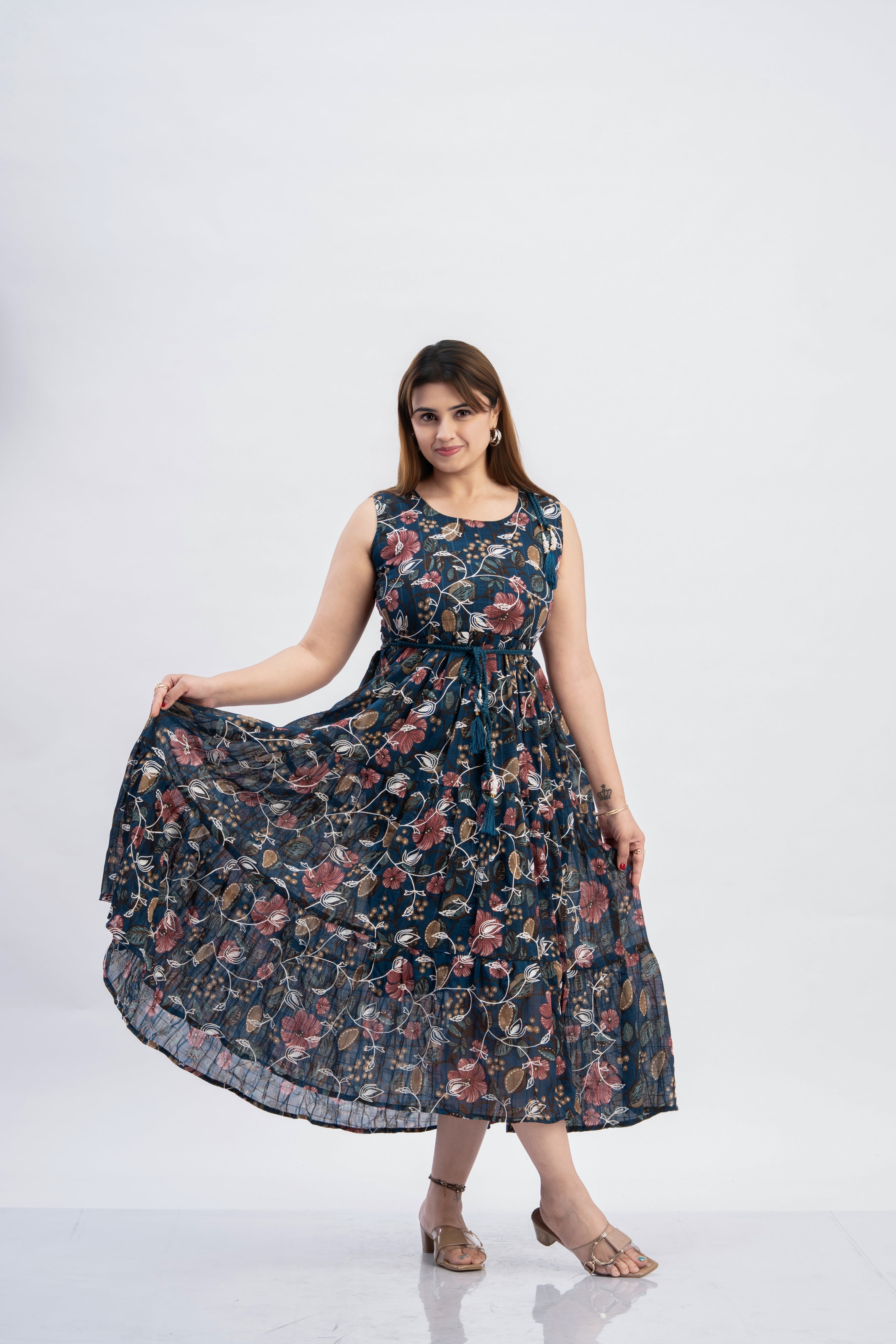 Women’s Printed Flared Dress with Attached Inner Sleeves