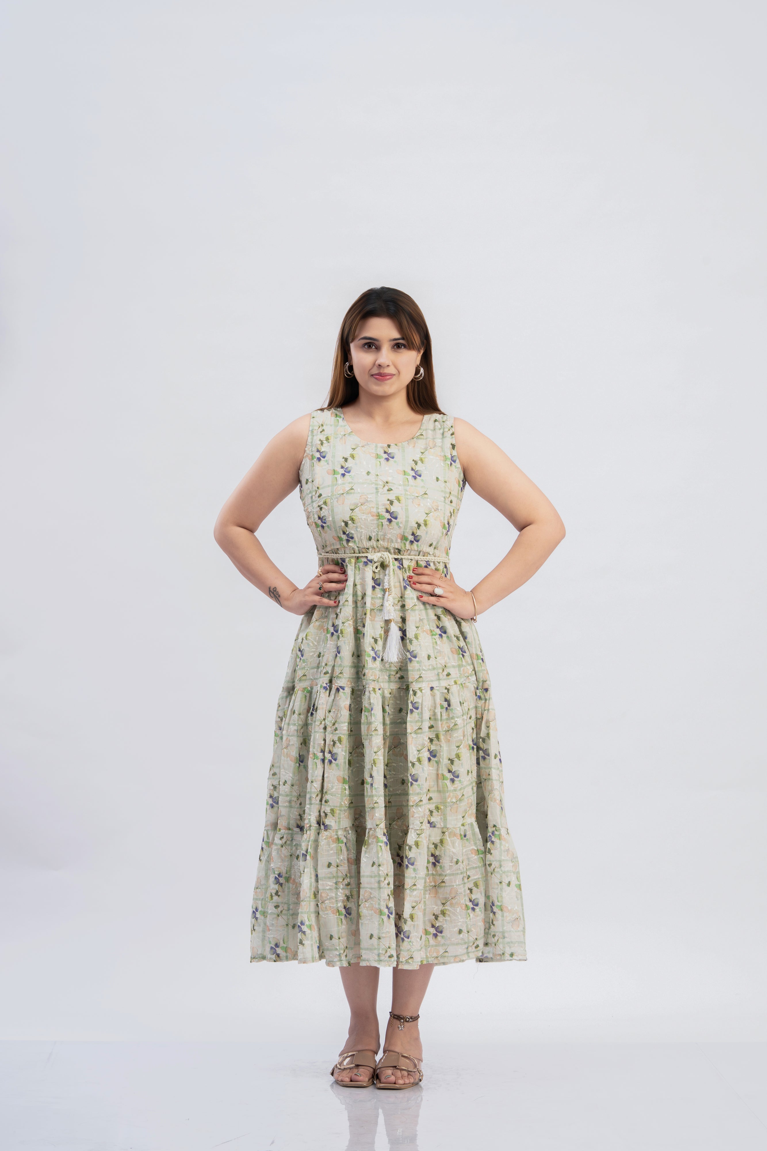 Women’s Sleeveless Flared Dress with Attached Inner Sleeves & Tassel Tie-Up