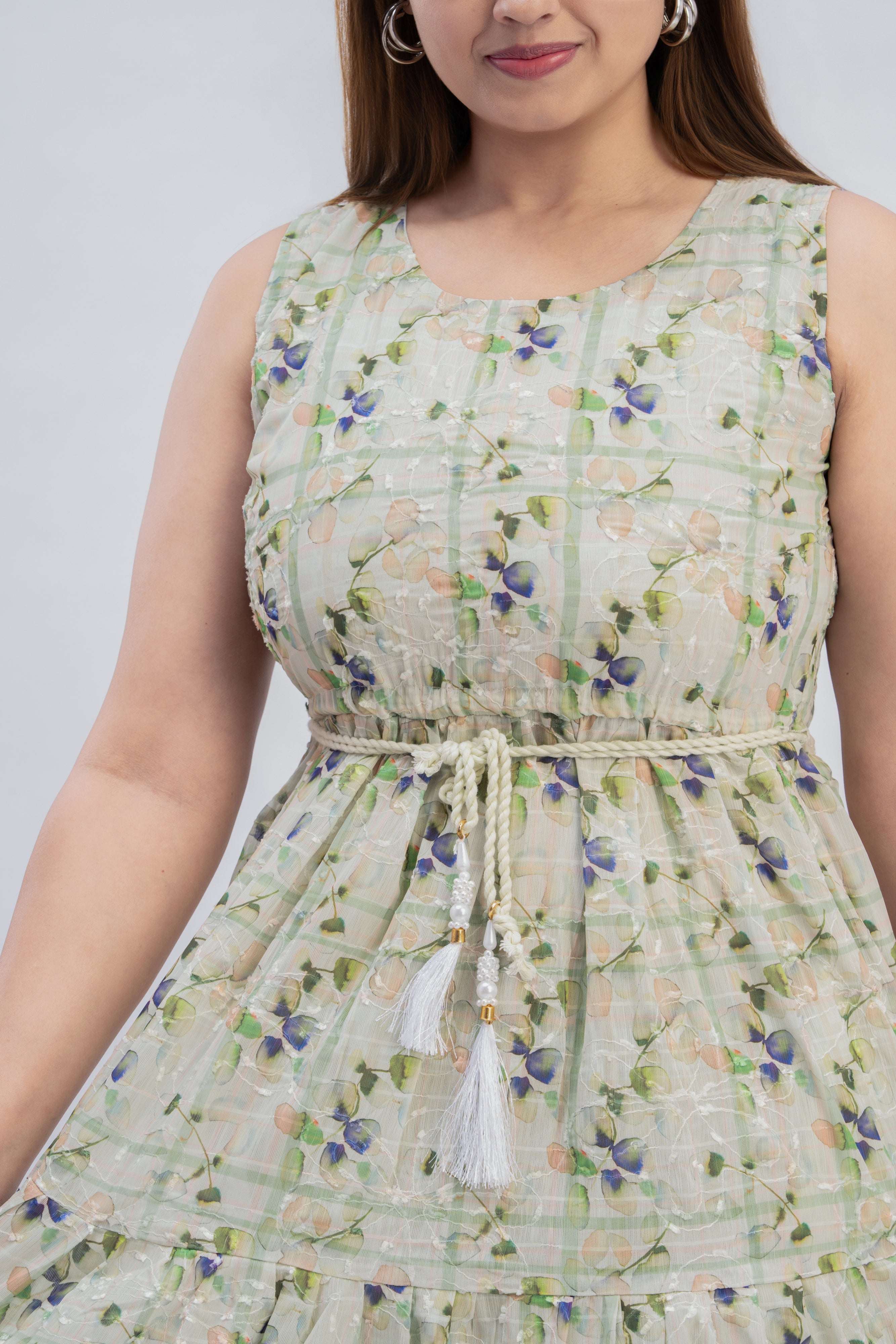 Women’s Sleeveless Flared Dress with Attached Inner Sleeves & Tassel Tie-Up