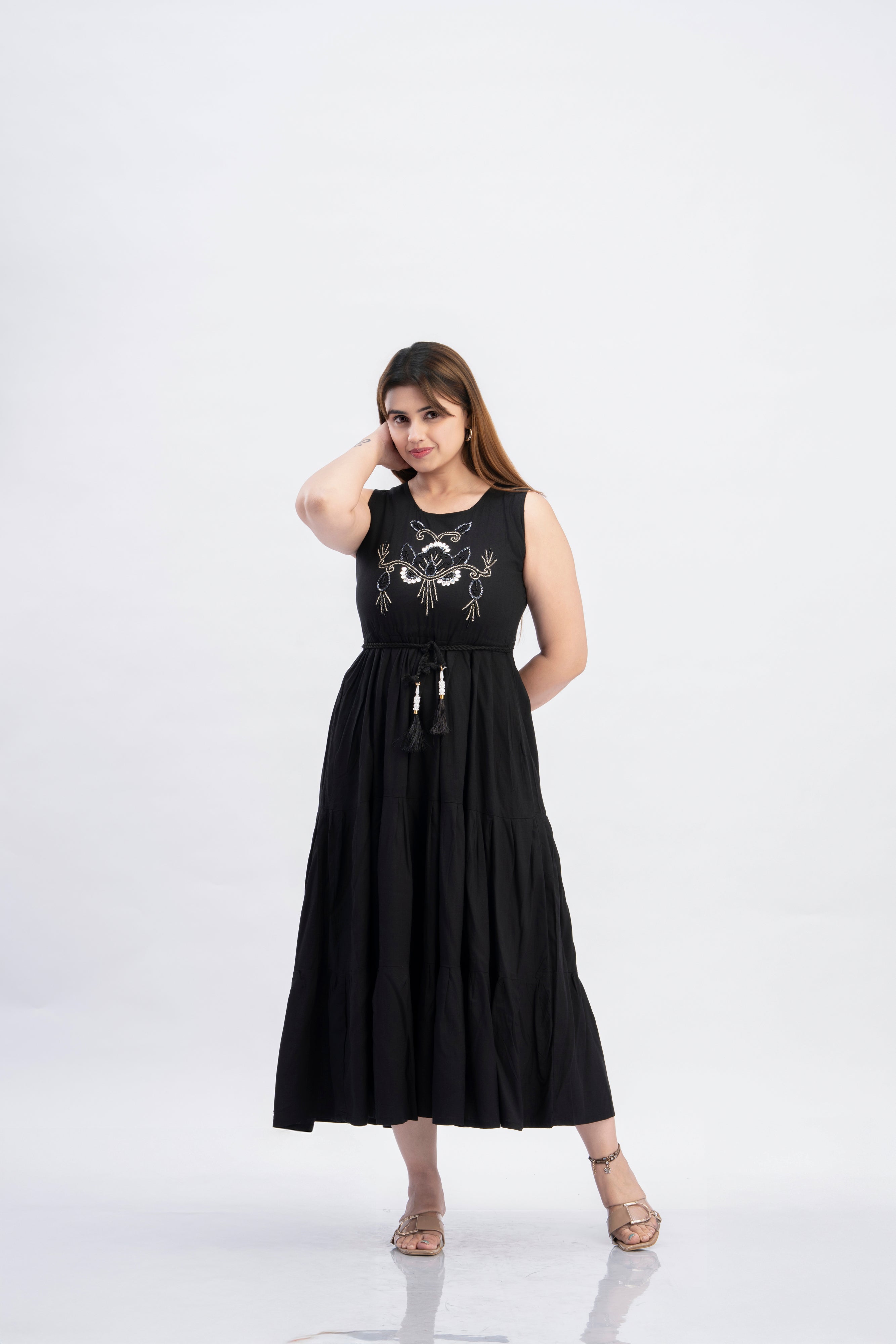 Women’s Black Sleeveless Embroidered Flared Maxi Dress with Tassel Tie-Up