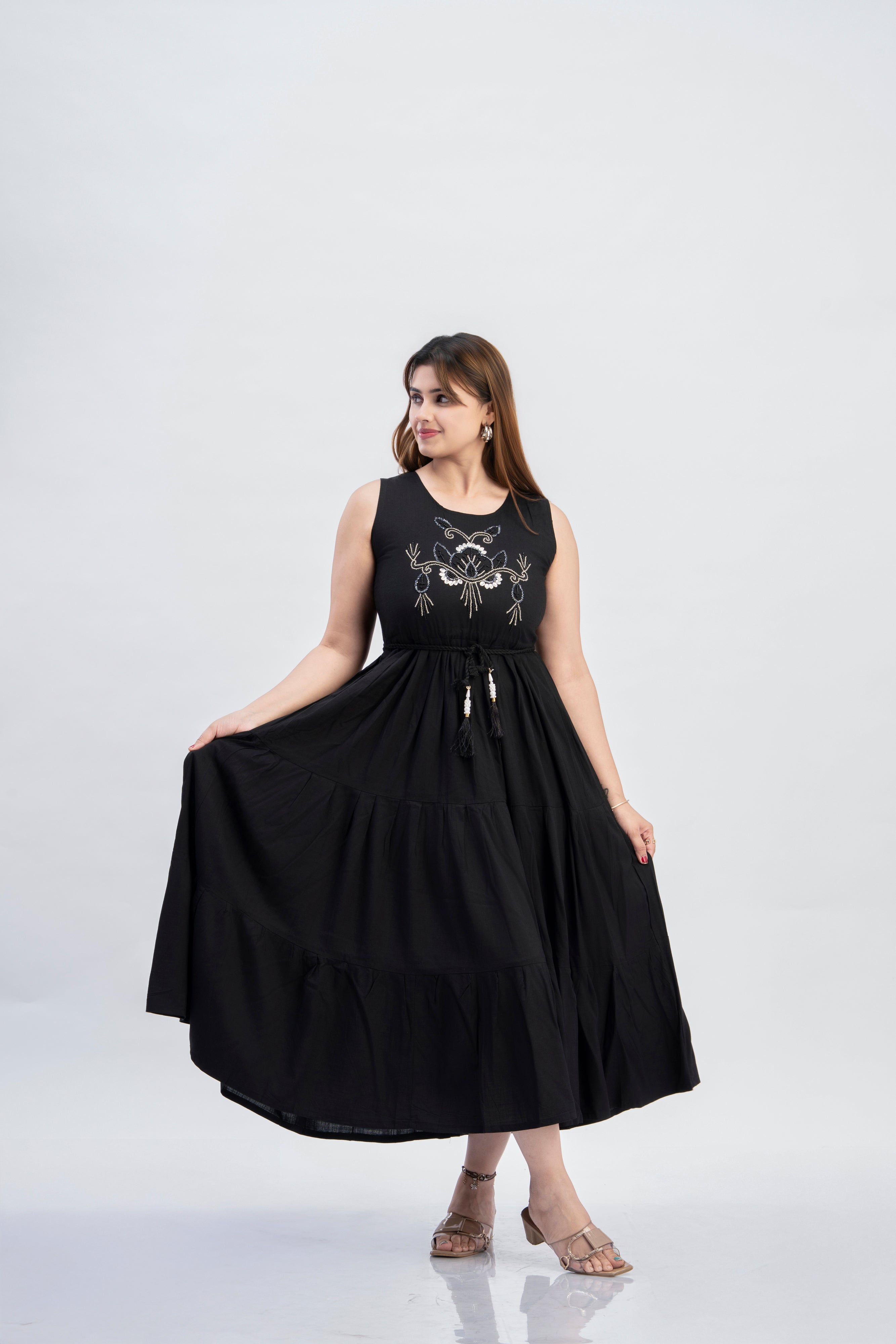 Women’s Black Sleeveless Embroidered Flared Maxi Dress with Tassel Tie-Up