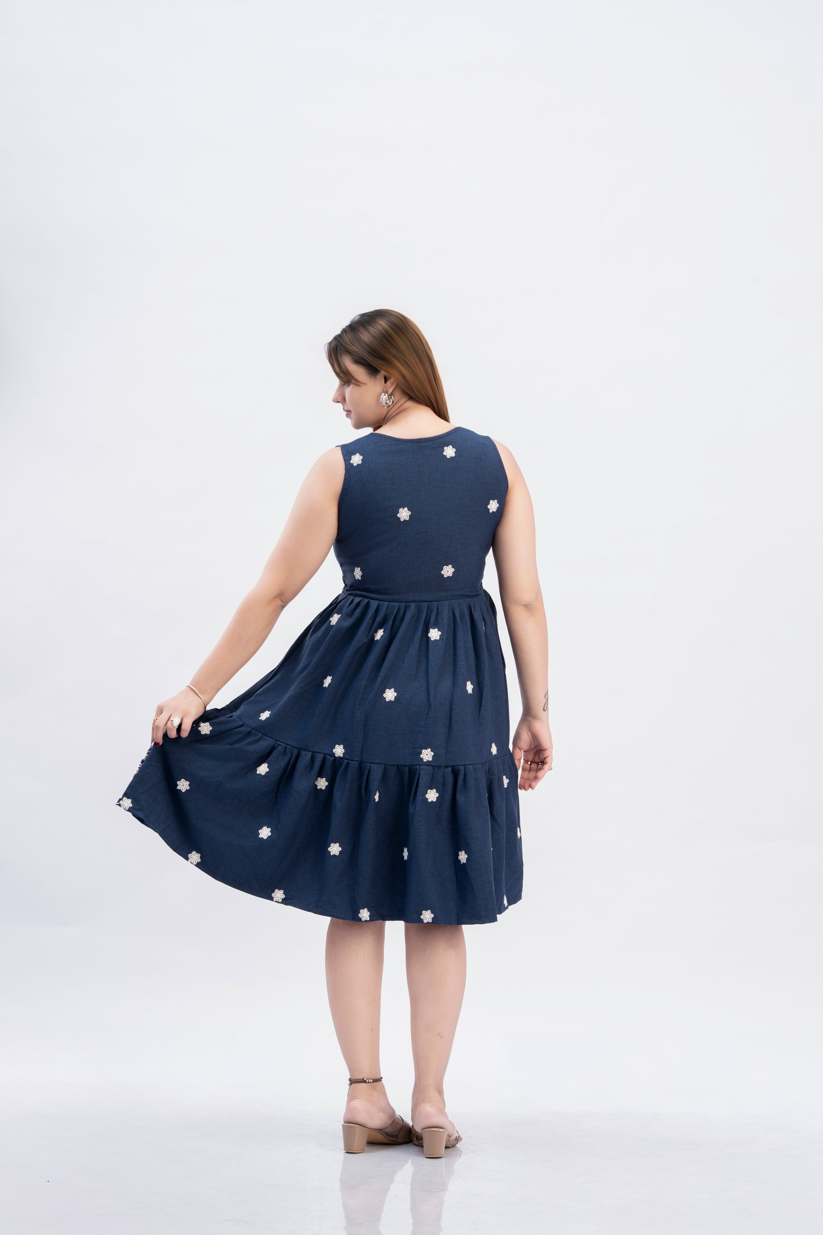 Women’s Embroidered Sleeveless Fit & Flare Dress with Attached Inner Sleeves