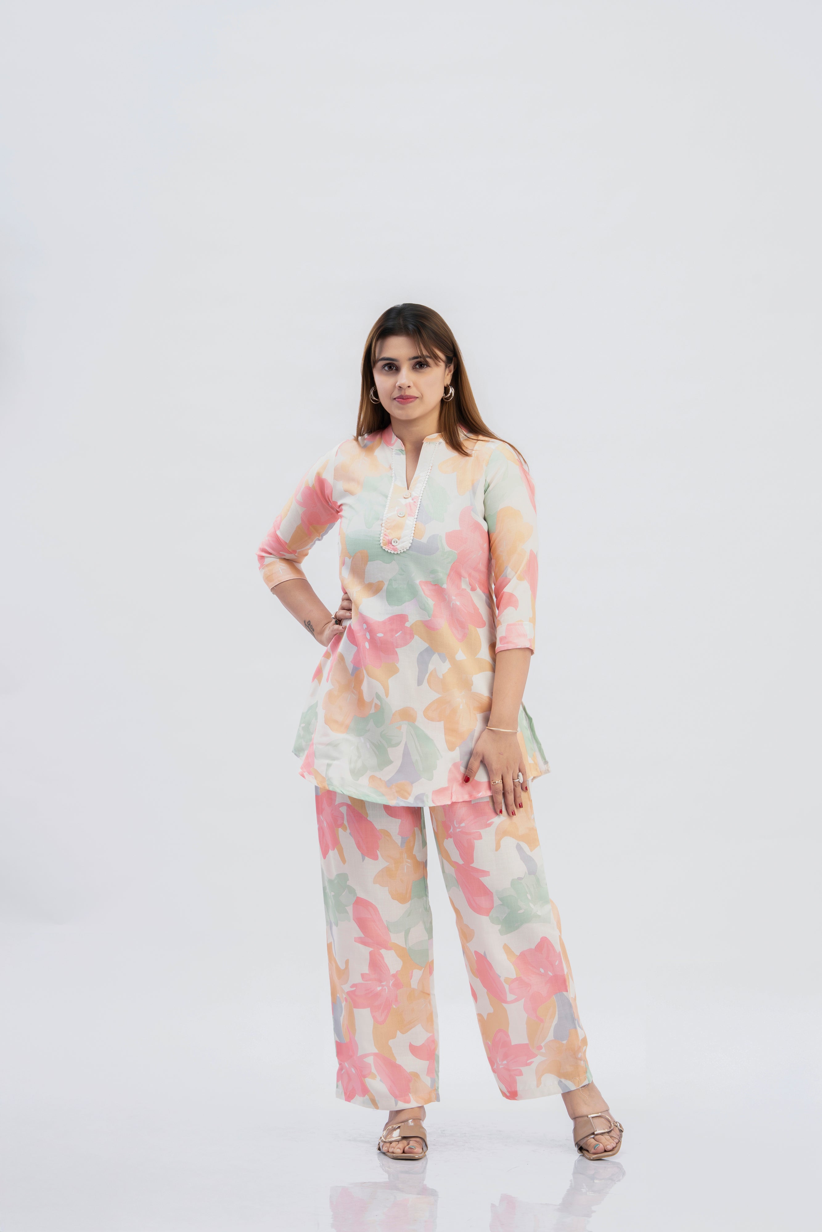 Women’s Pastel Floral Printed Kurti Pant Set