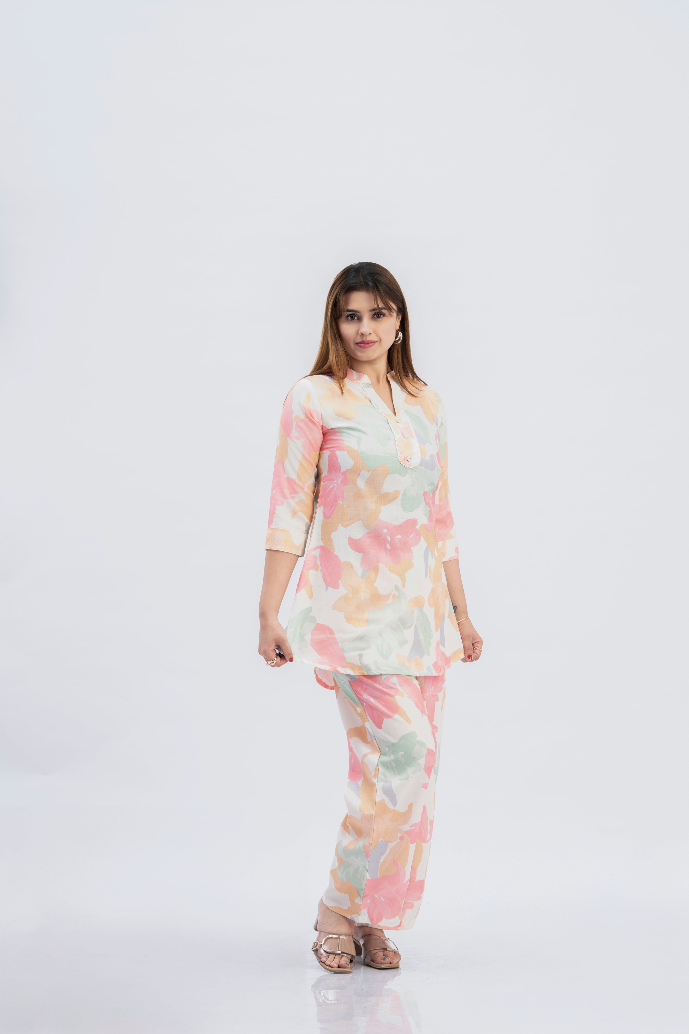 Women’s Pastel Floral Printed Kurti Pant Set