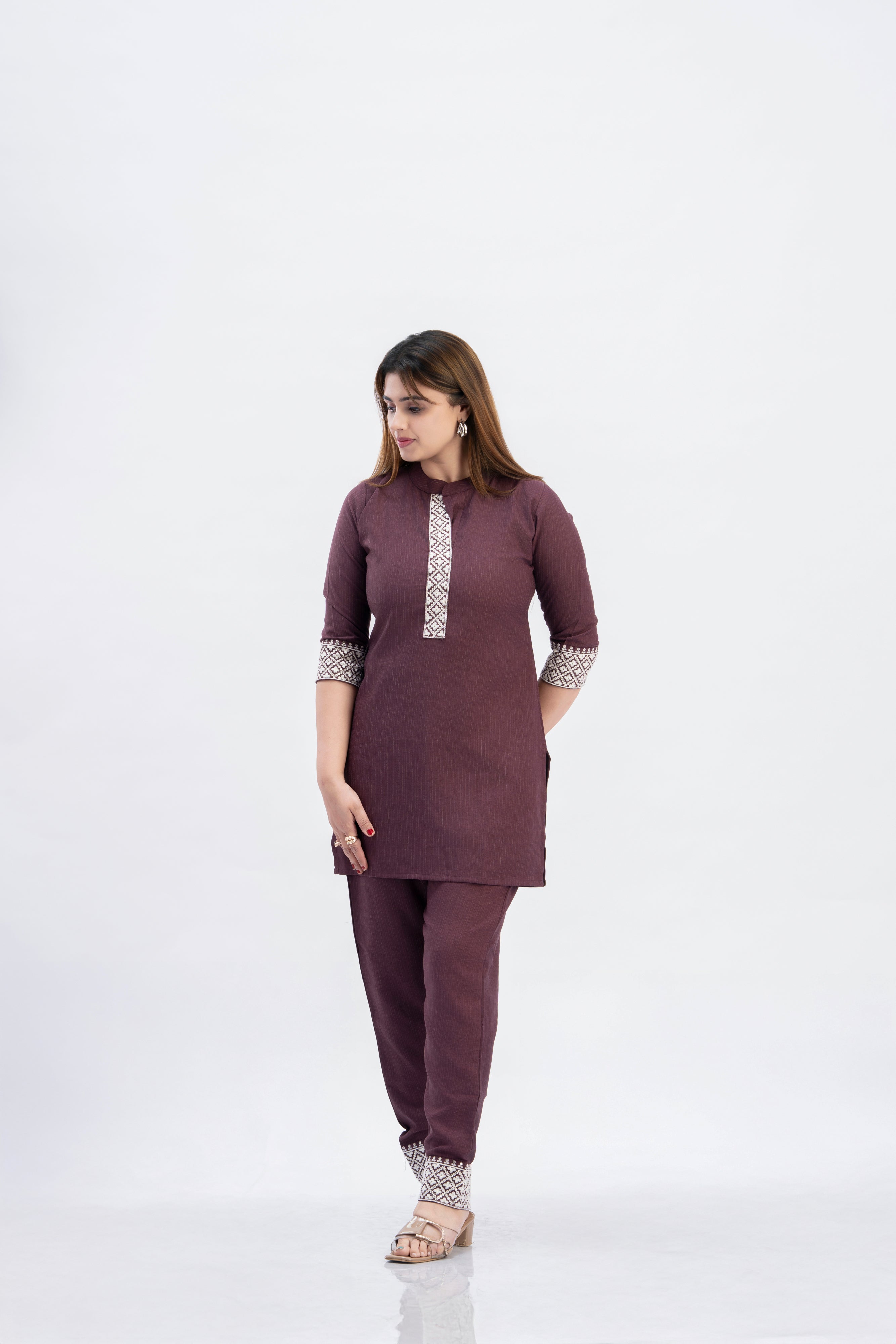 Women’s Wine Cotton Mandarin Neck Co-ord Set