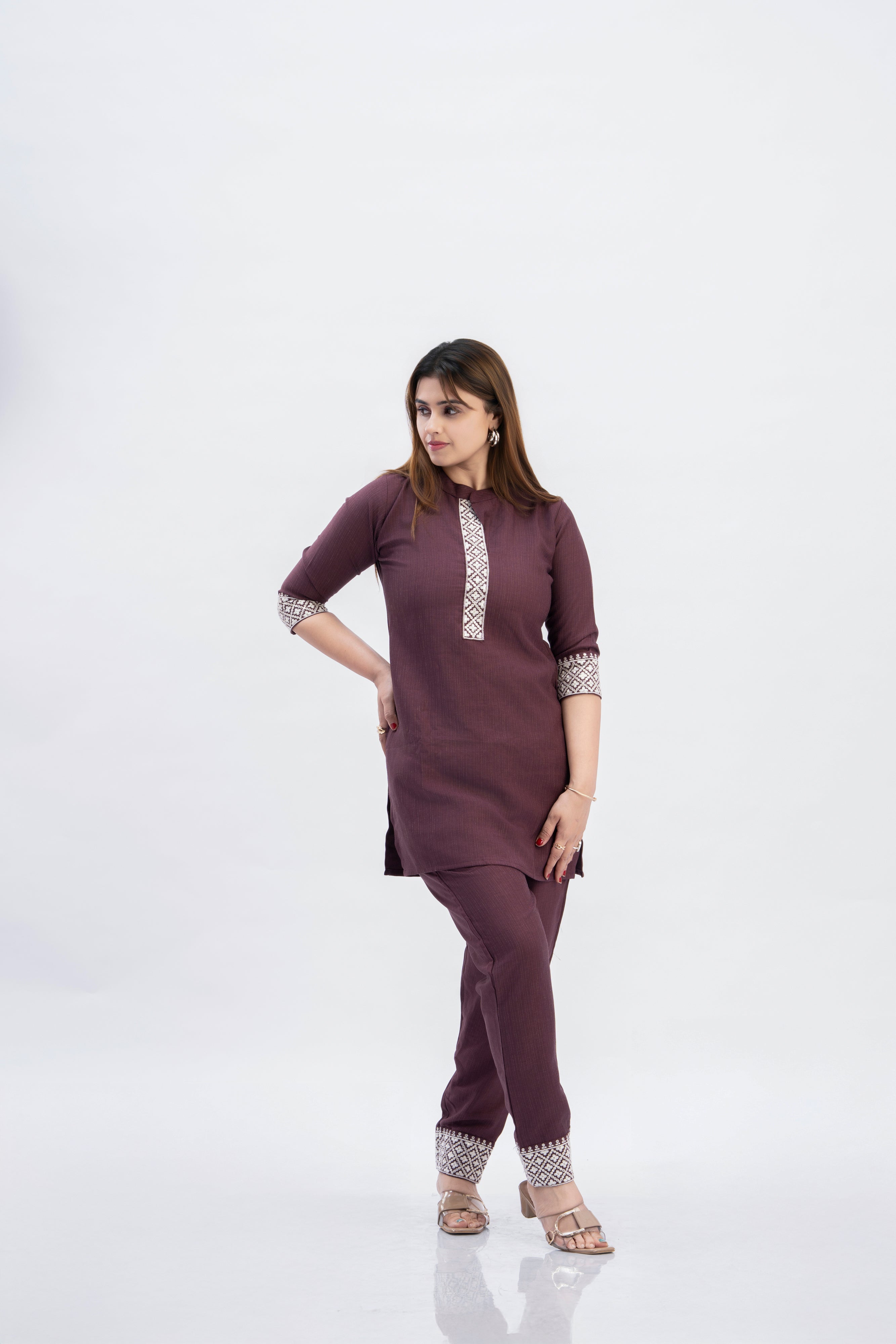 Women’s Wine Cotton Mandarin Neck Co-ord Set
