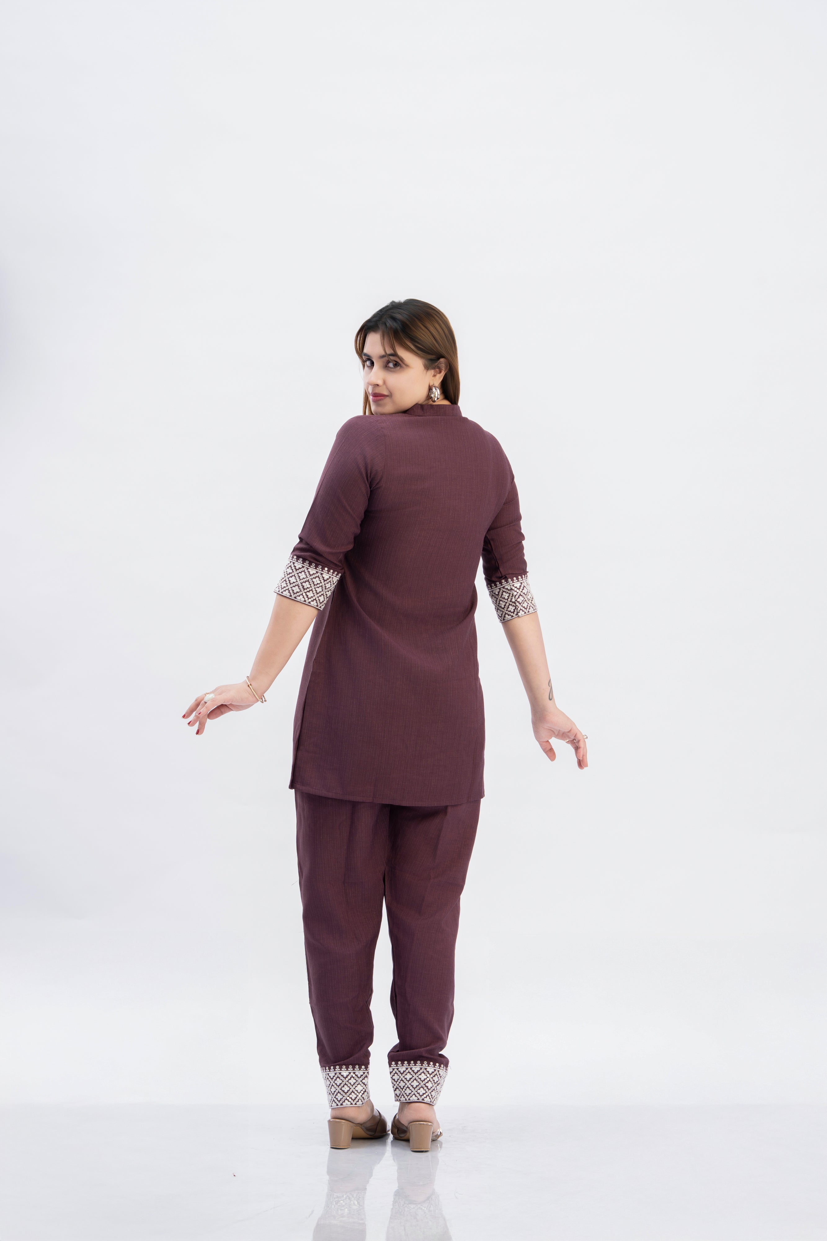 Women’s Wine Cotton Mandarin Neck Co-ord Set