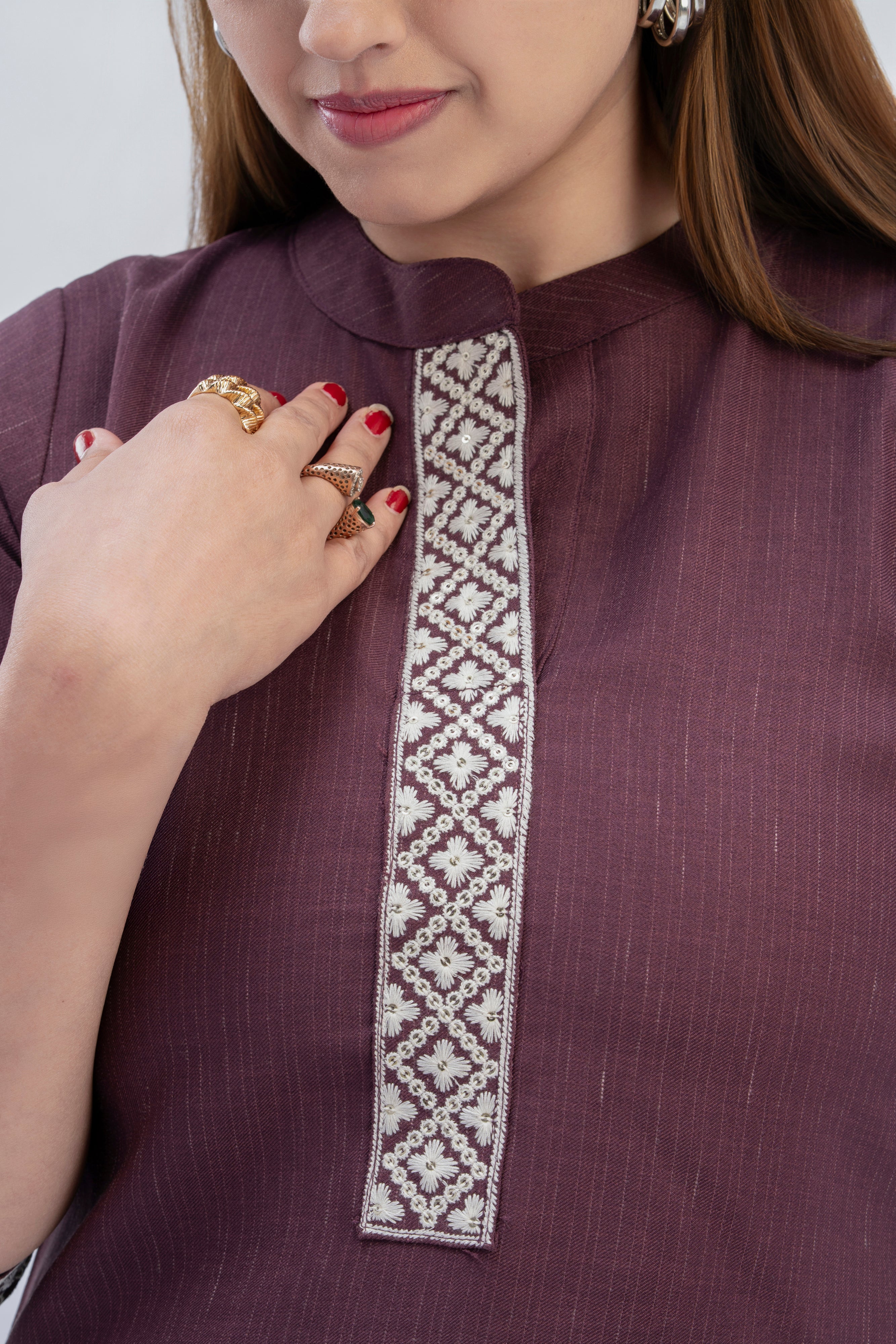 Women’s Wine Cotton Mandarin Neck Co-ord Set