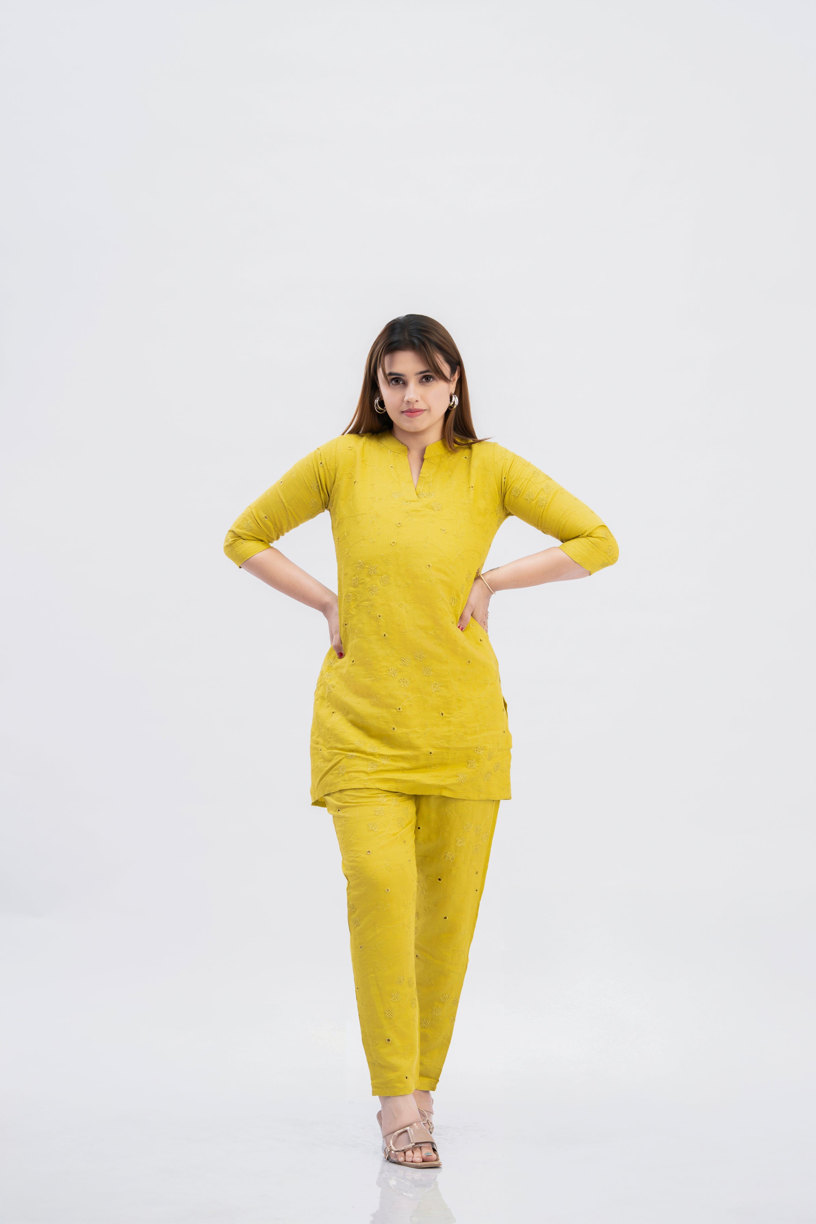 Women’s Mustard Yellow Schiffli Embroidered Kurti Pant Set