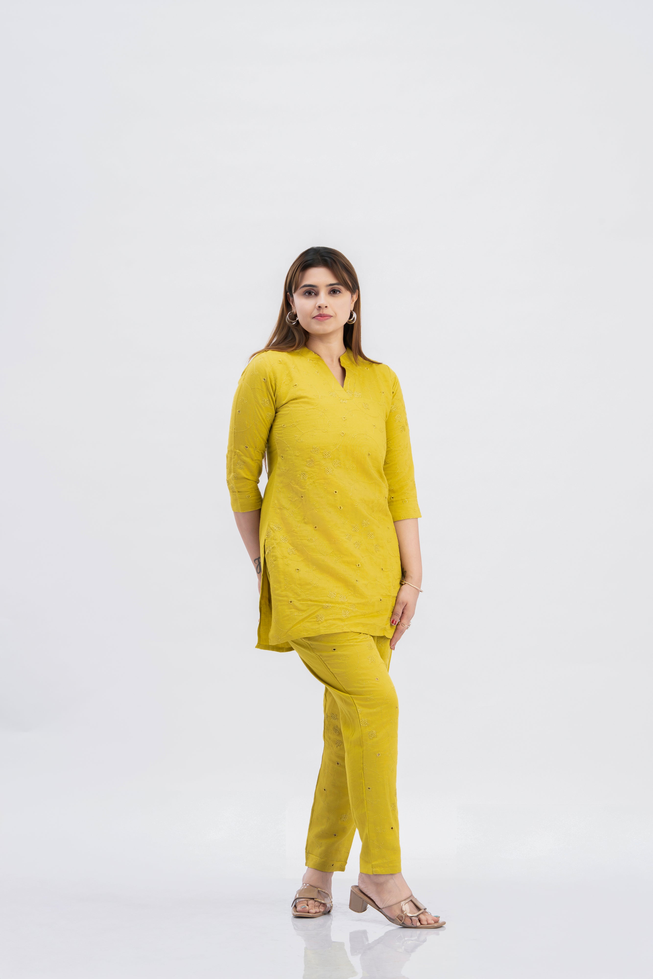 Women’s Mustard Yellow Schiffli Embroidered Kurti Pant Set
