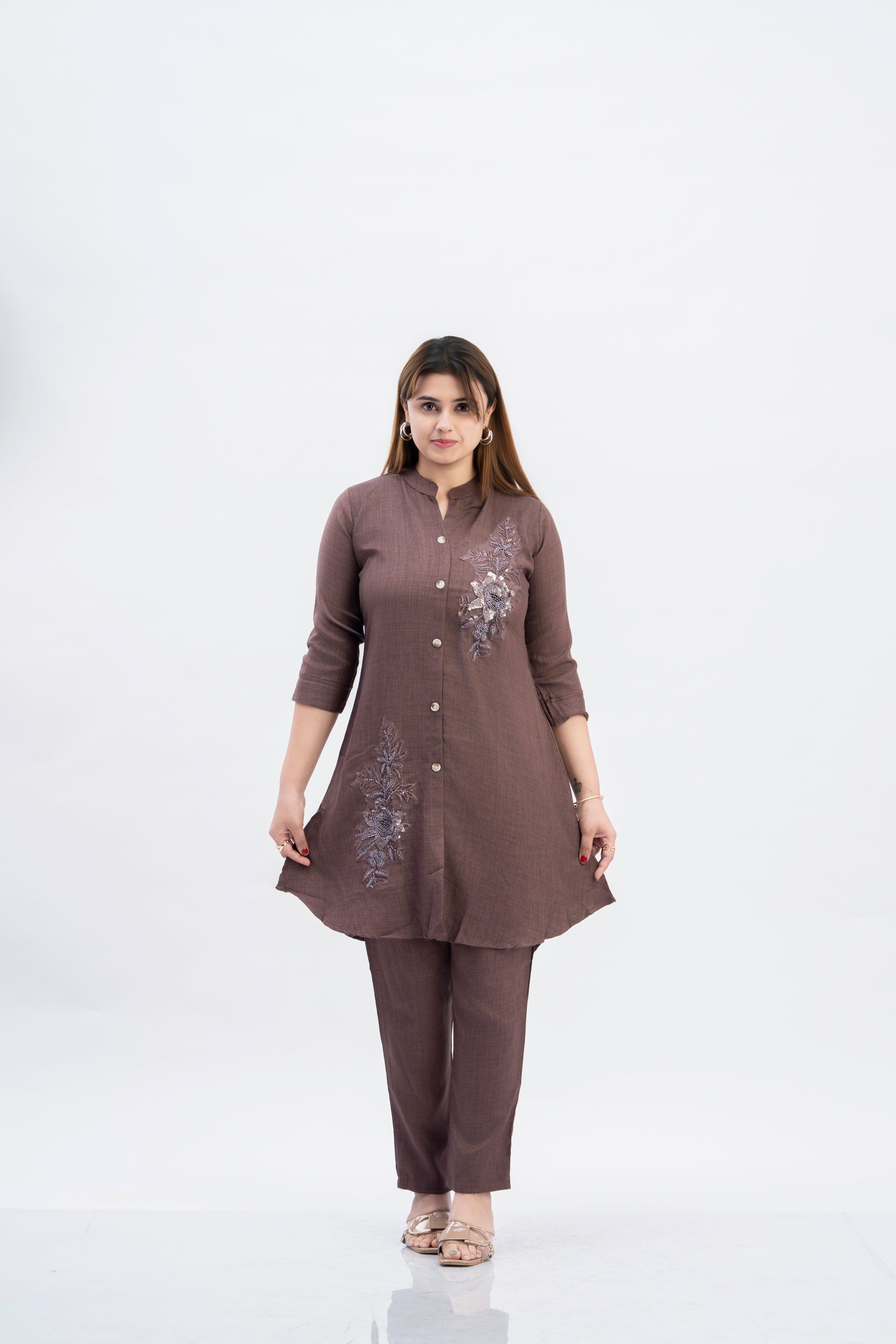 Women’s Brown Embroidered Kurti Pant Co-Ord Set