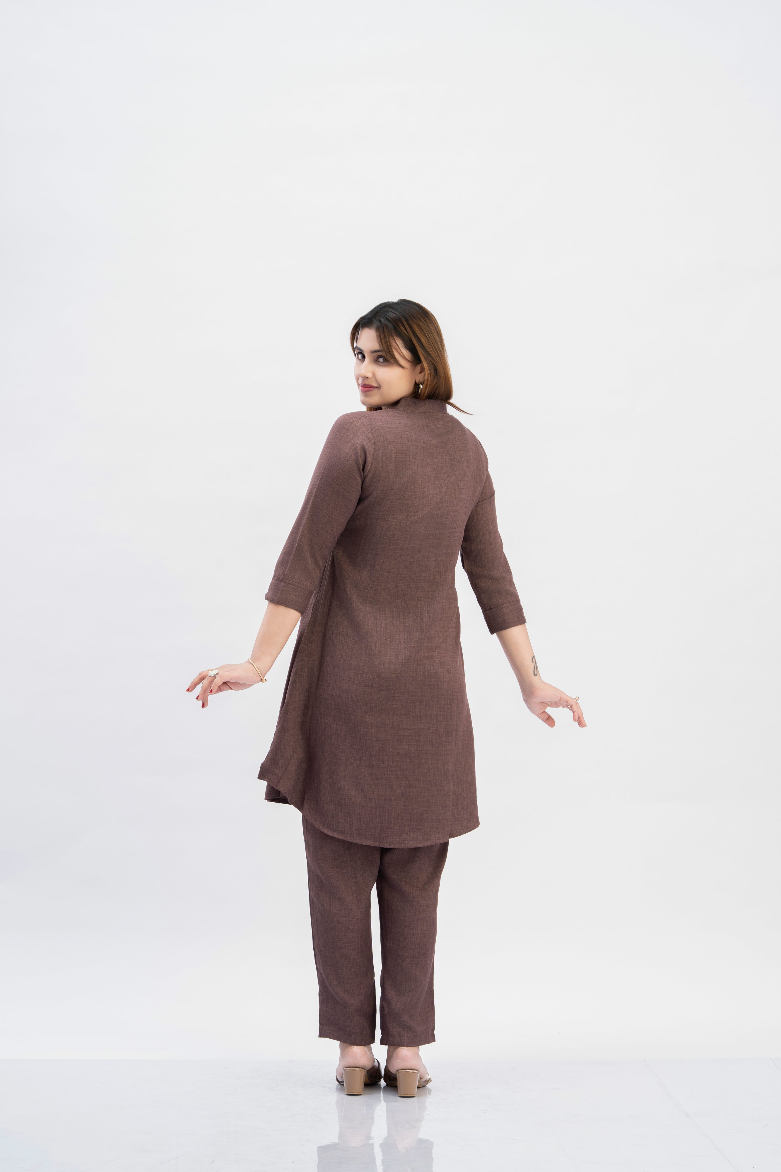 Women’s Brown Embroidered Kurti Pant Co-Ord Set