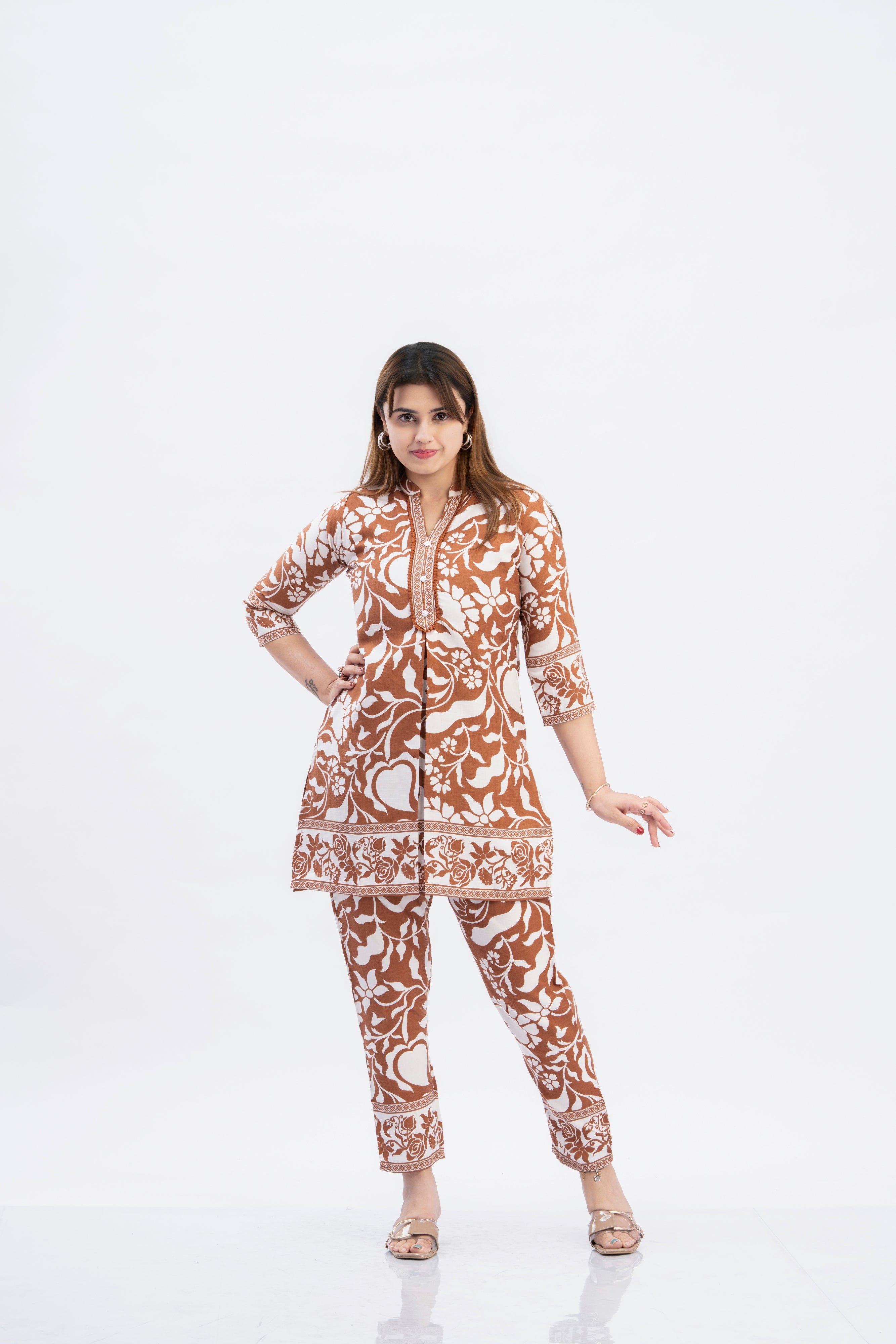 Women’s Brown Floral Printed Kurti Pant Set