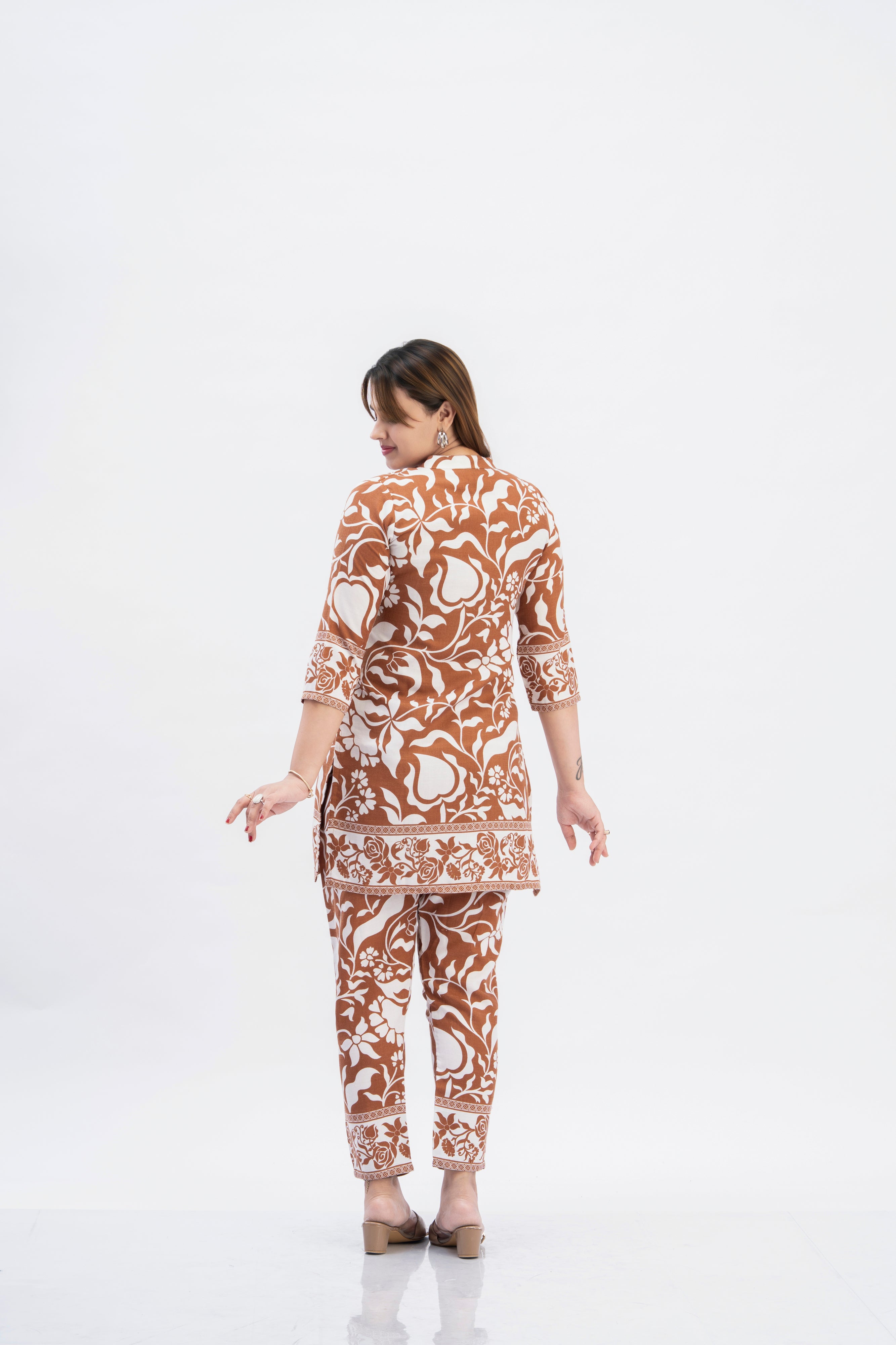 Women’s Brown Floral Printed Kurti Pant Set
