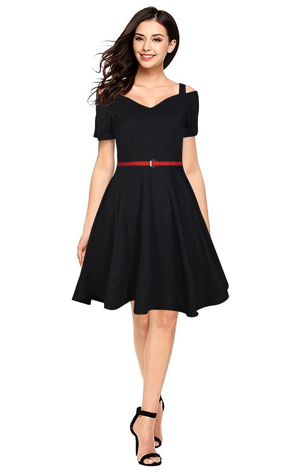 Women's Black Cold Shoulder Fit & Flare Dress With Belt