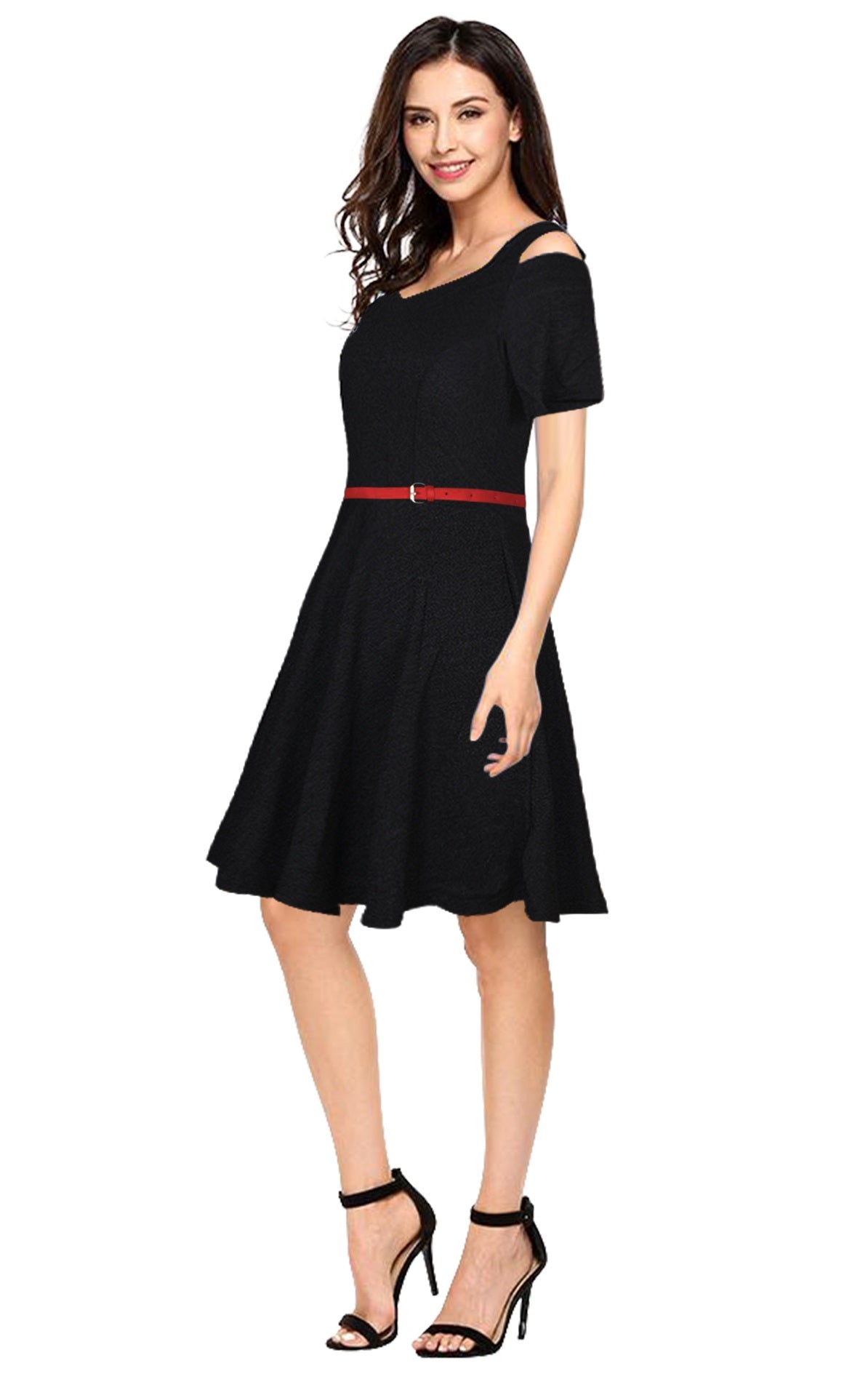 Women's Black Cold Shoulder Fit & Flare Dress With Belt