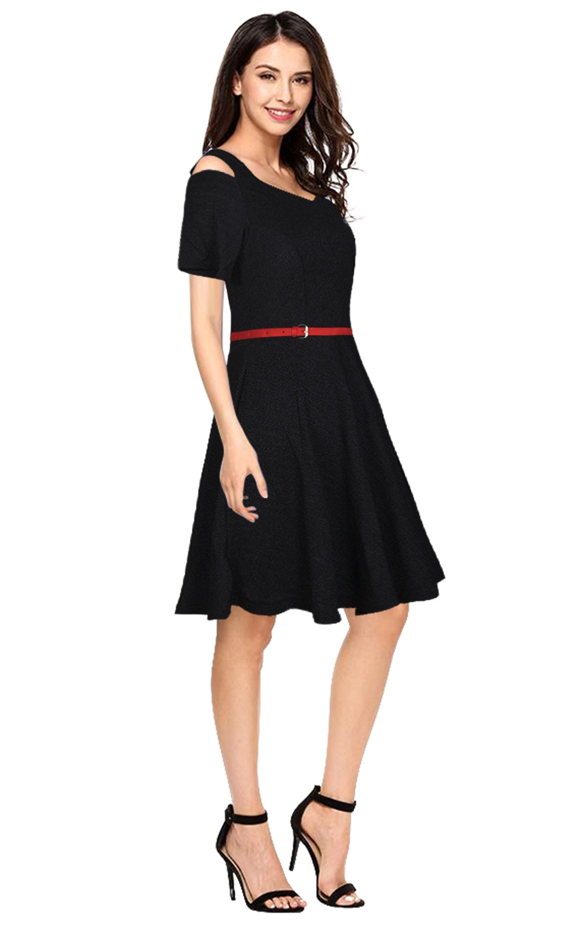 Women's Black Cold Shoulder Fit & Flare Dress With Belt