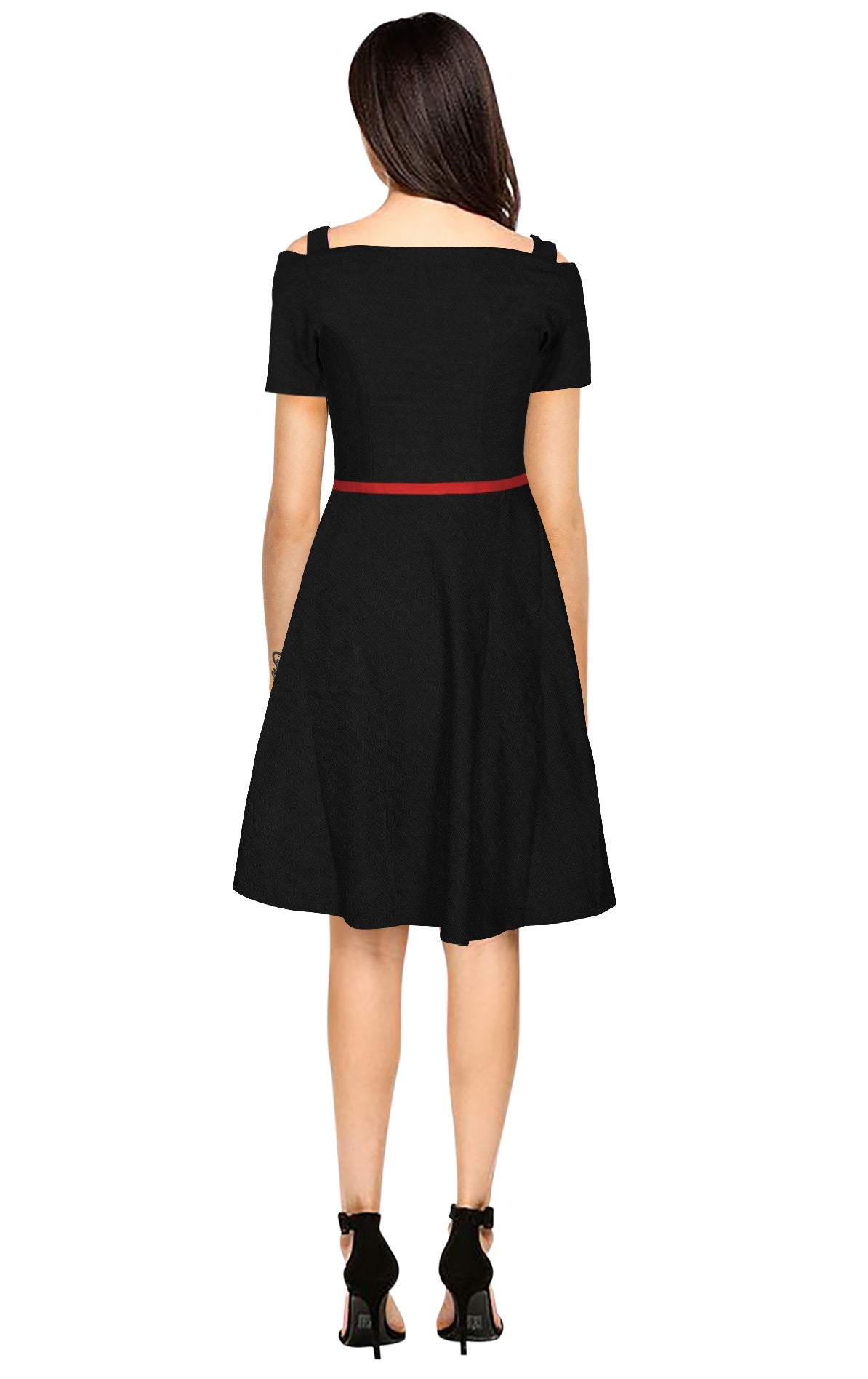 Women's Black Cold Shoulder Fit & Flare Dress With Belt