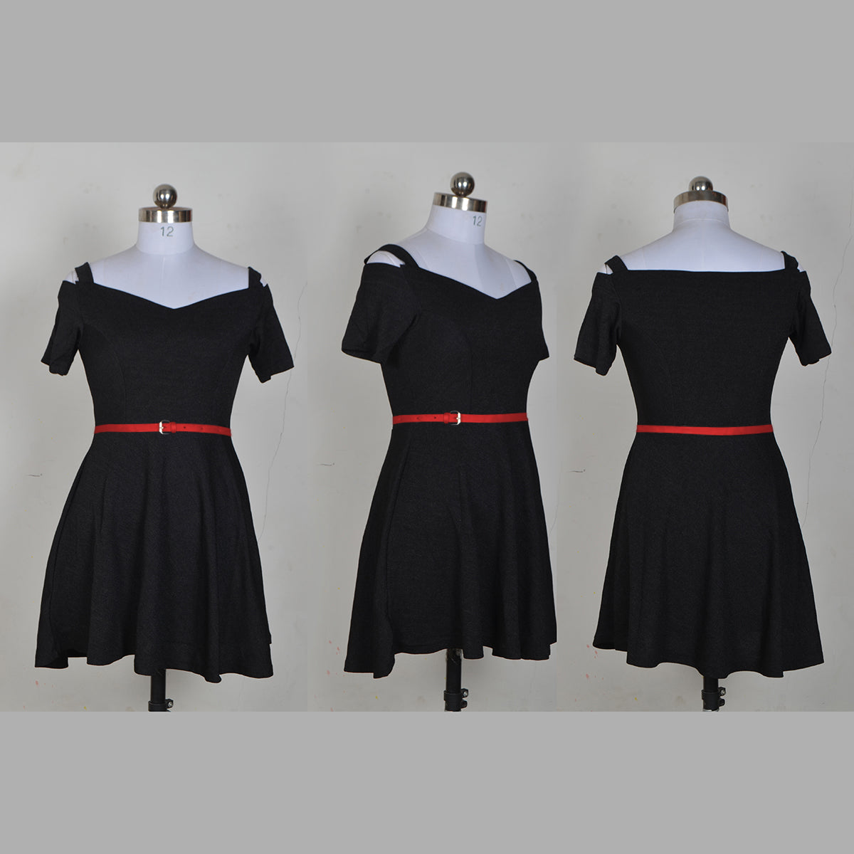 Women's Black Cold Shoulder Fit & Flare Dress With Belt