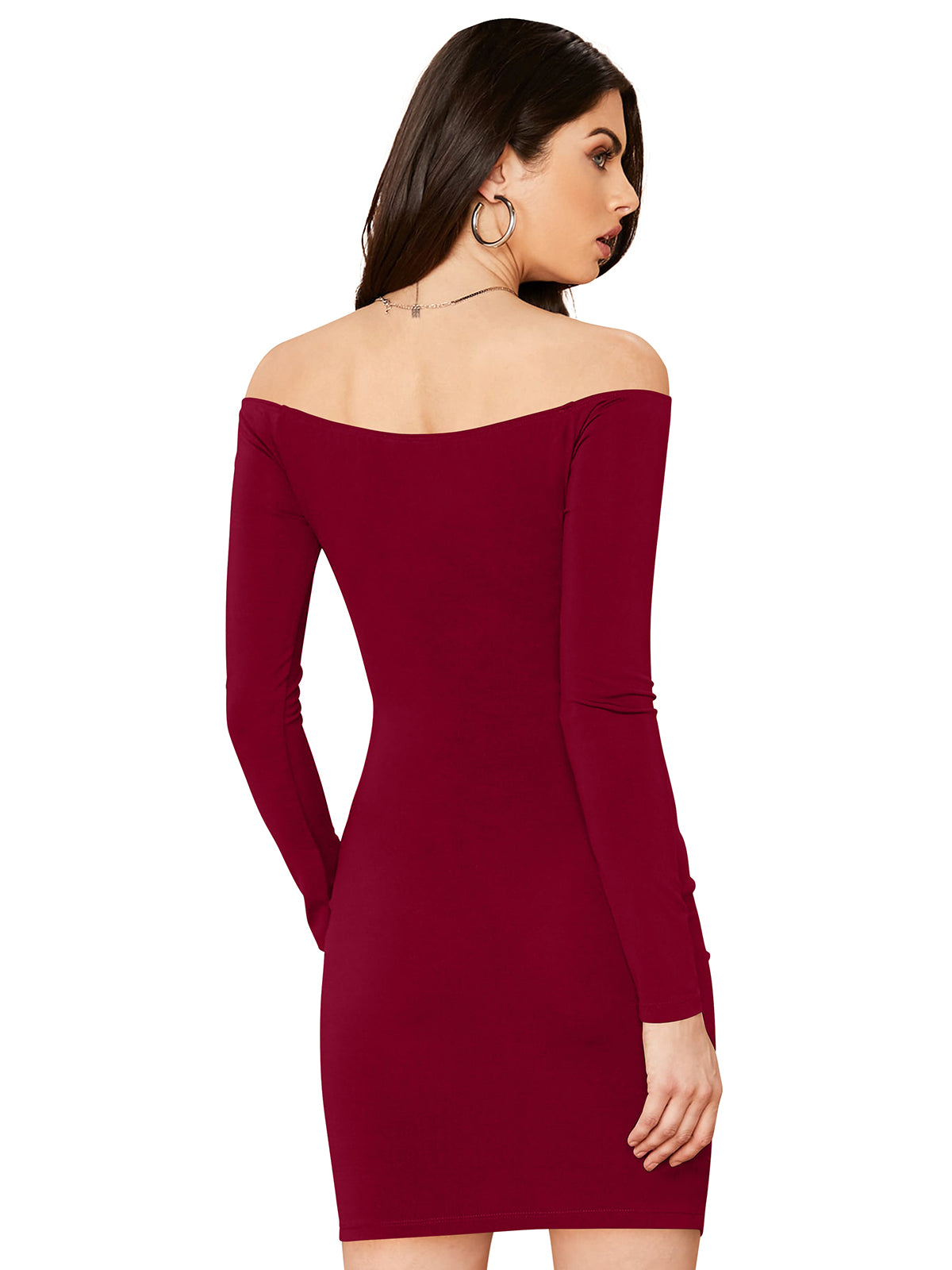 Maroon Off-Shoulder Bodycon Dress for Women | Ruched Full Sleeve Party & Evening Wear