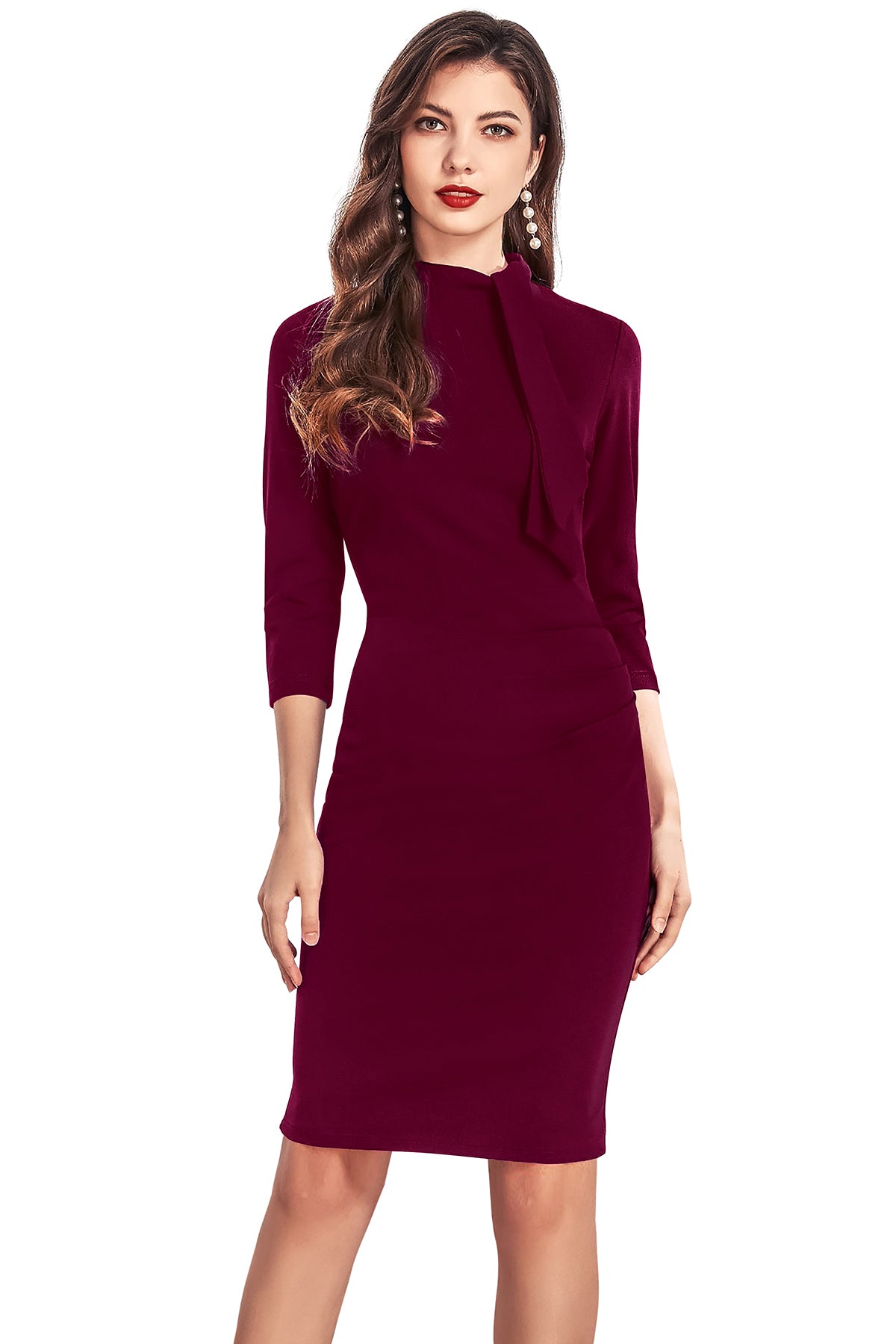 💖 Women's Maroon High Neck Bodycon Midi Dress With Tie Detail