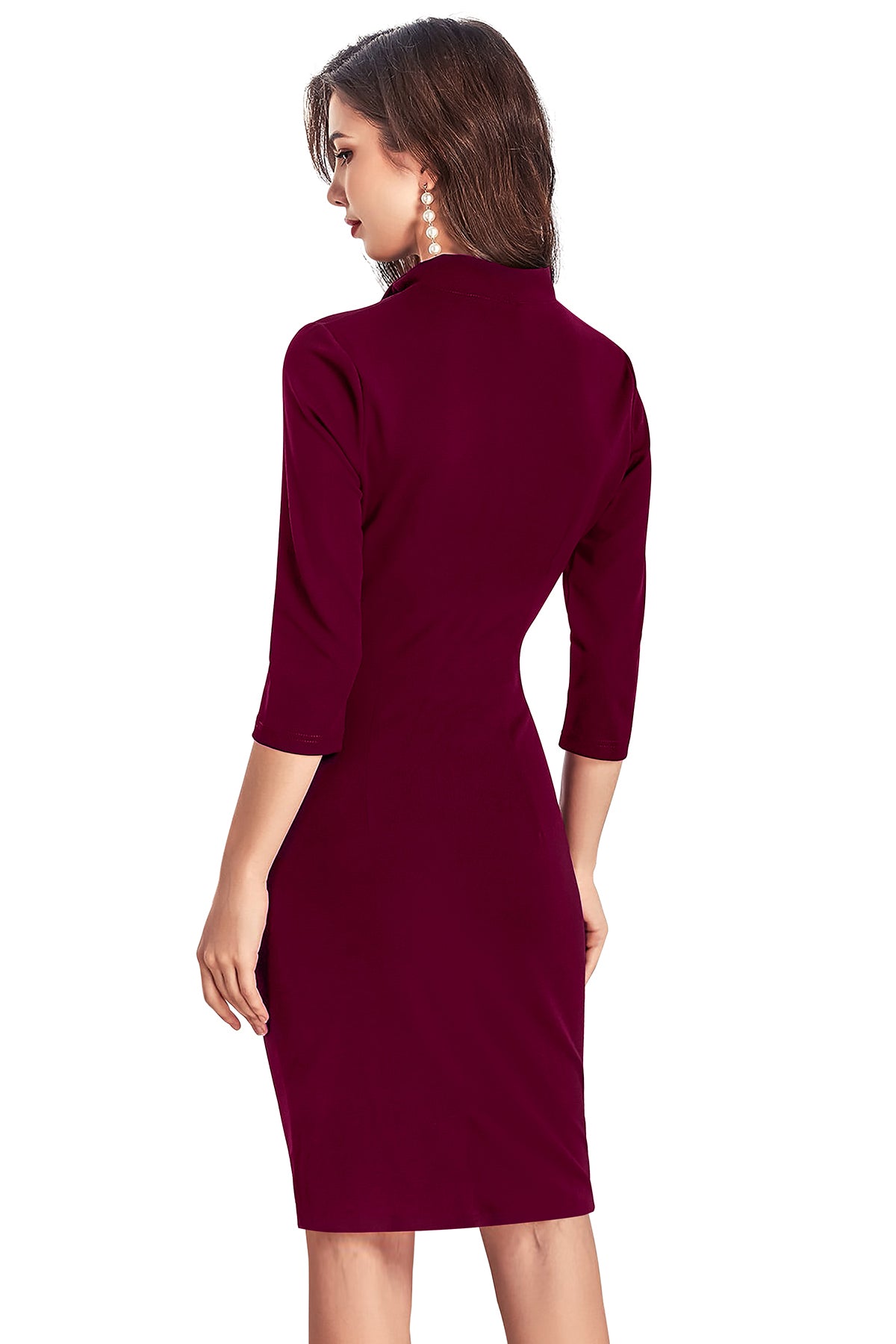 💖 Women's Maroon High Neck Bodycon Midi Dress With Tie Detail