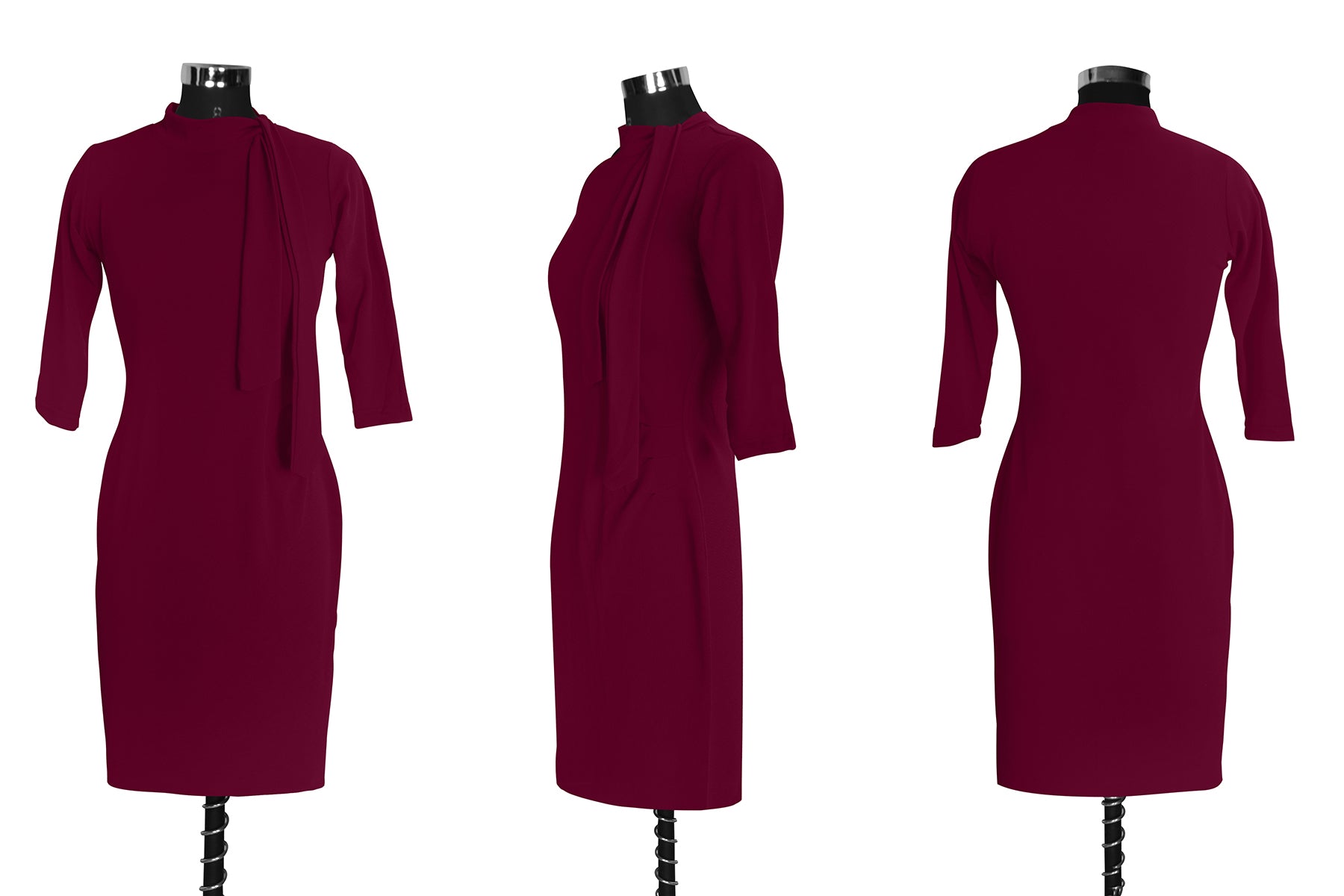 💖 Women's Maroon High Neck Bodycon Midi Dress With Tie Detail