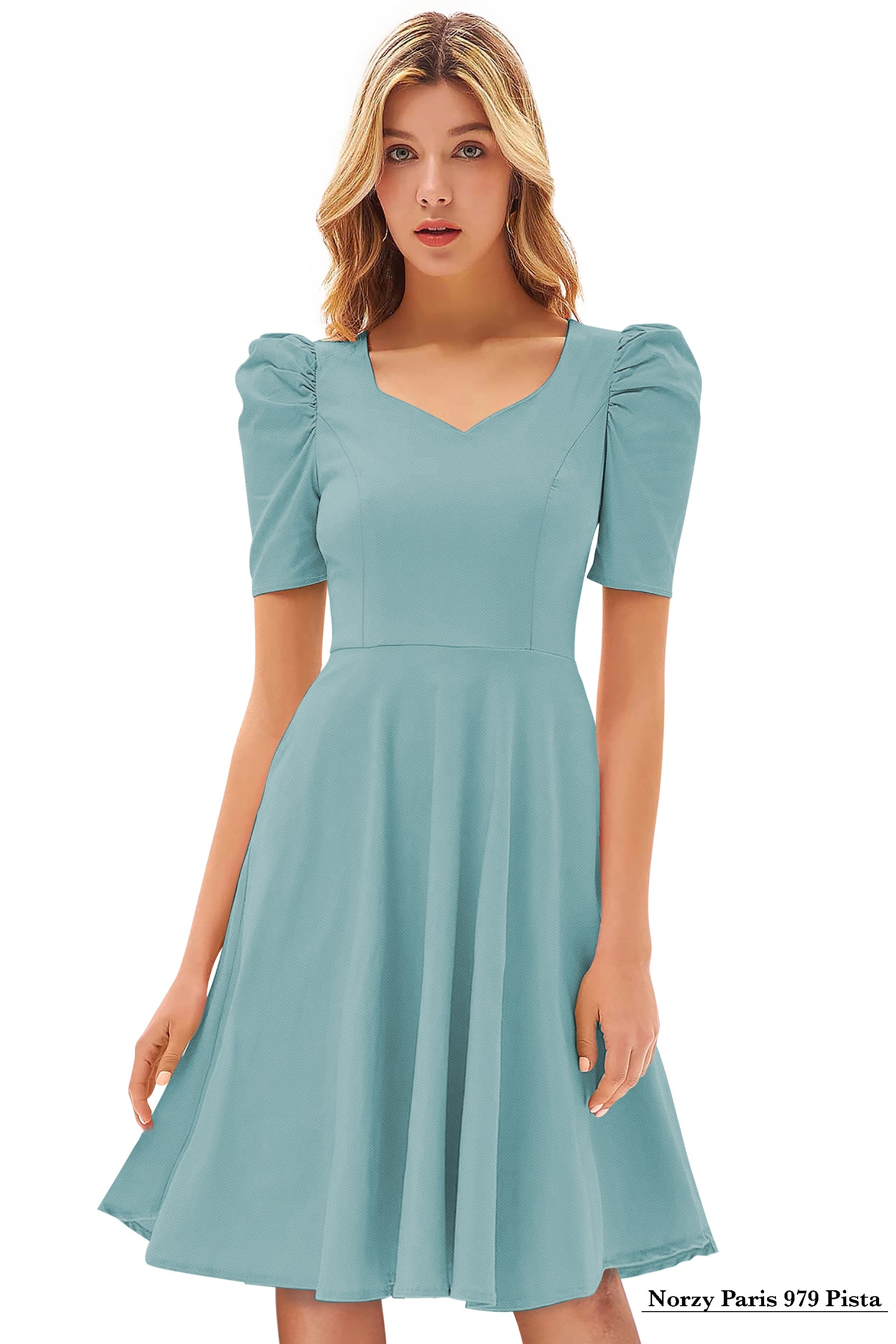 Pista Green Puff Sleeve Midi Dress for Women | Elegant Flared Party & Casual Wear