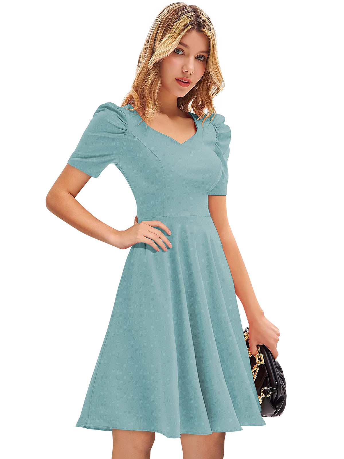Pista Green Puff Sleeve Midi Dress for Women | Elegant Flared Party & Casual Wear