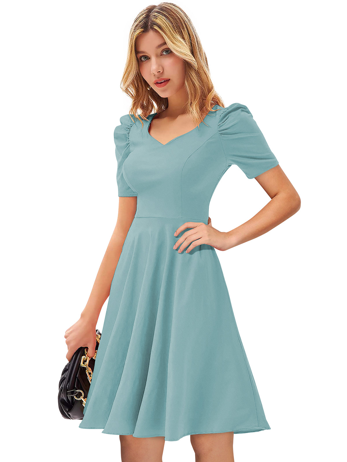 Pista Green Puff Sleeve Midi Dress for Women | Elegant Flared Party & Casual Wear